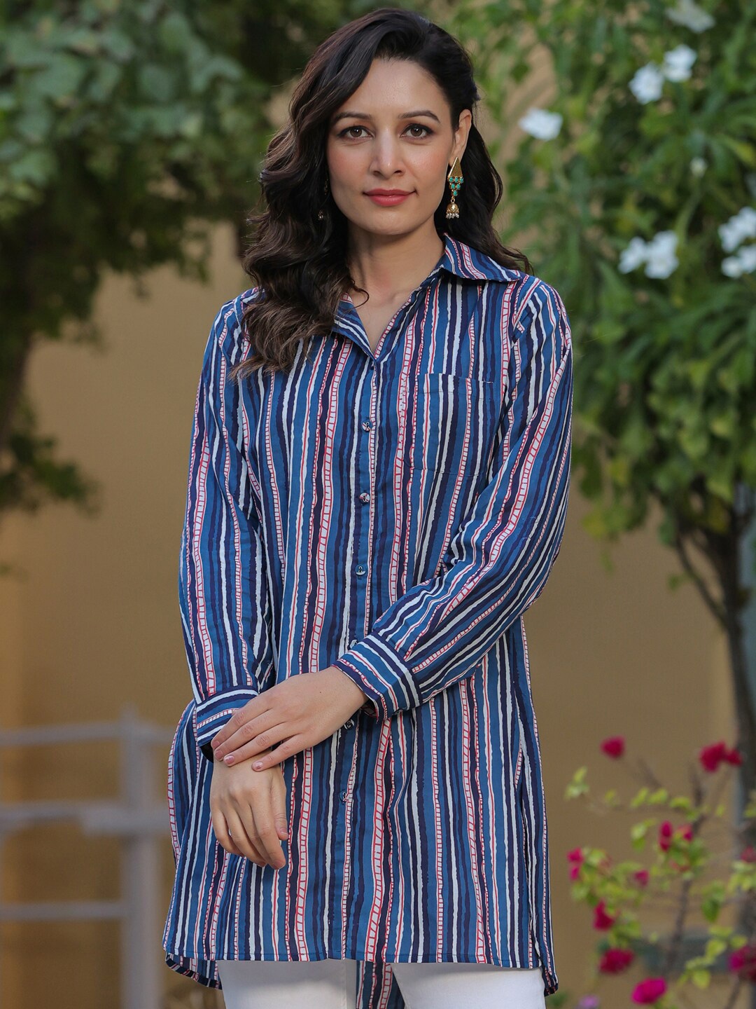 

Rain & Rainbow Striped Pure Cotton Casual Shirt, Navy blue