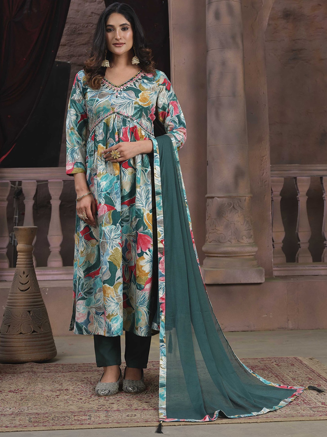 

KALINI Floral Printed Empire Mirror Work Kurta with Trousers & With Dupatta, Green