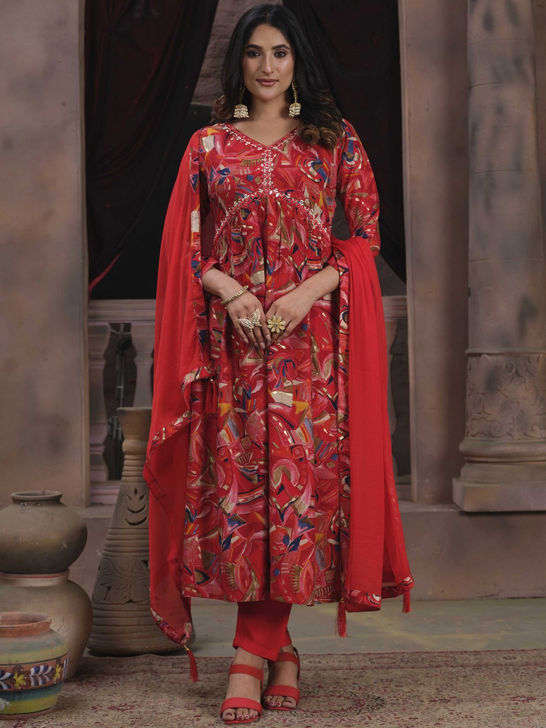 

KALINI Geometric Printed Empire Mirror Work Kurta With Trousers & Dupatta, Red