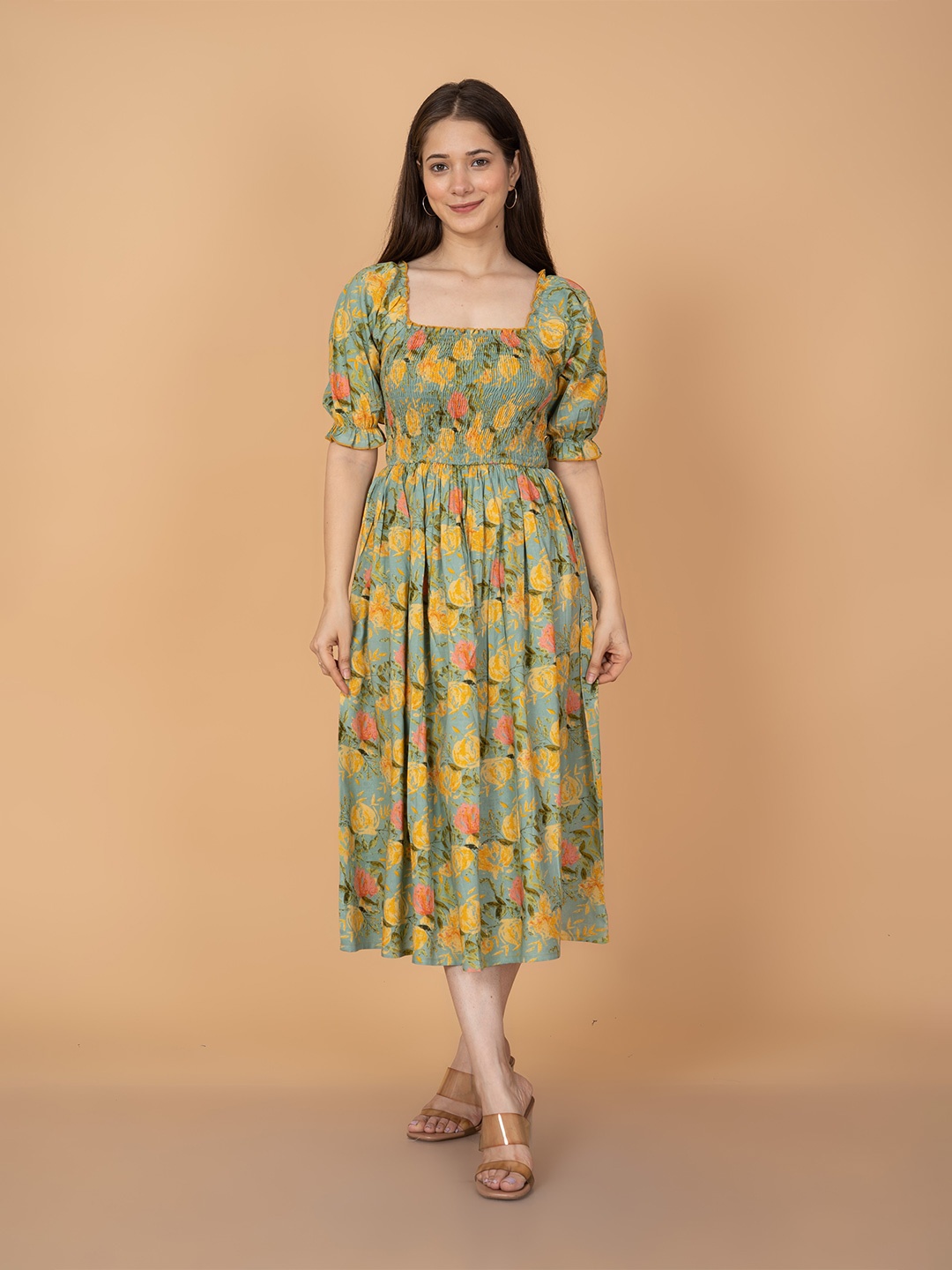 

INDIANIC Floral Print Puff Sleeve Fit & Flare Midi Dress, Green