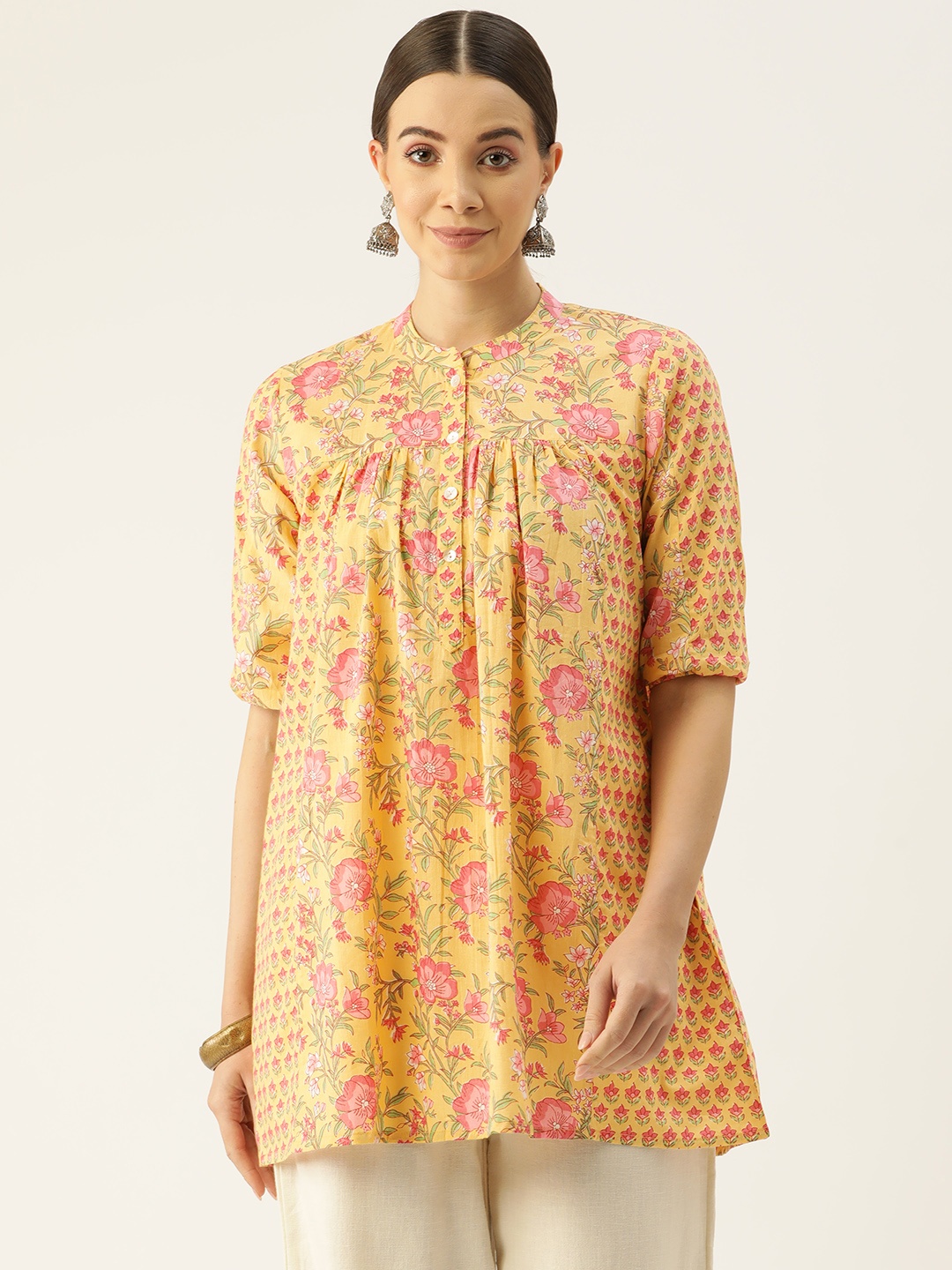 

Jaipur Morni Floral Printed Pure Cotton Pleated Kurti, Yellow