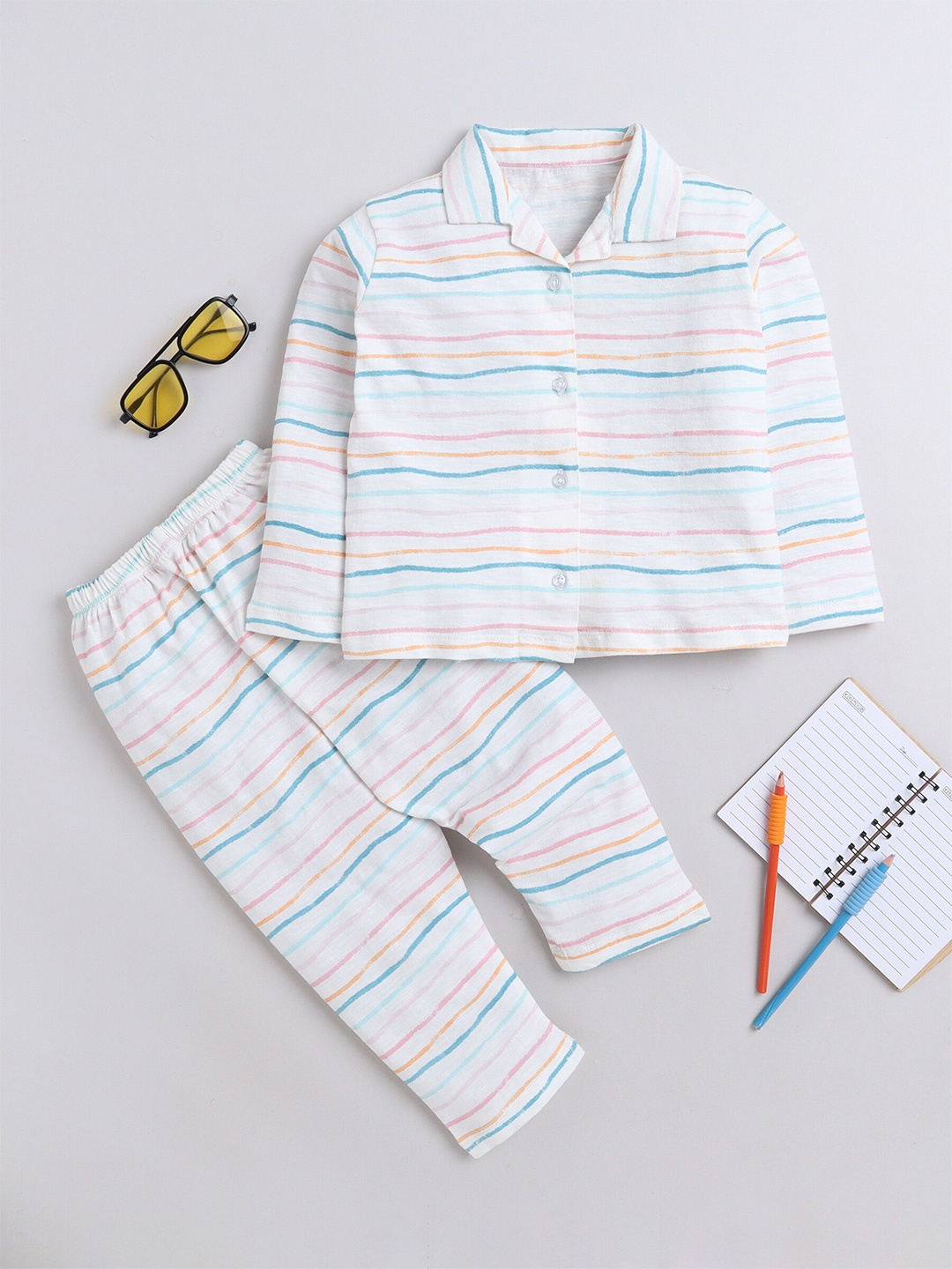 

BAESD Boys Striped Lapel Collar Pure Cotton Shirt With Pyjama, White