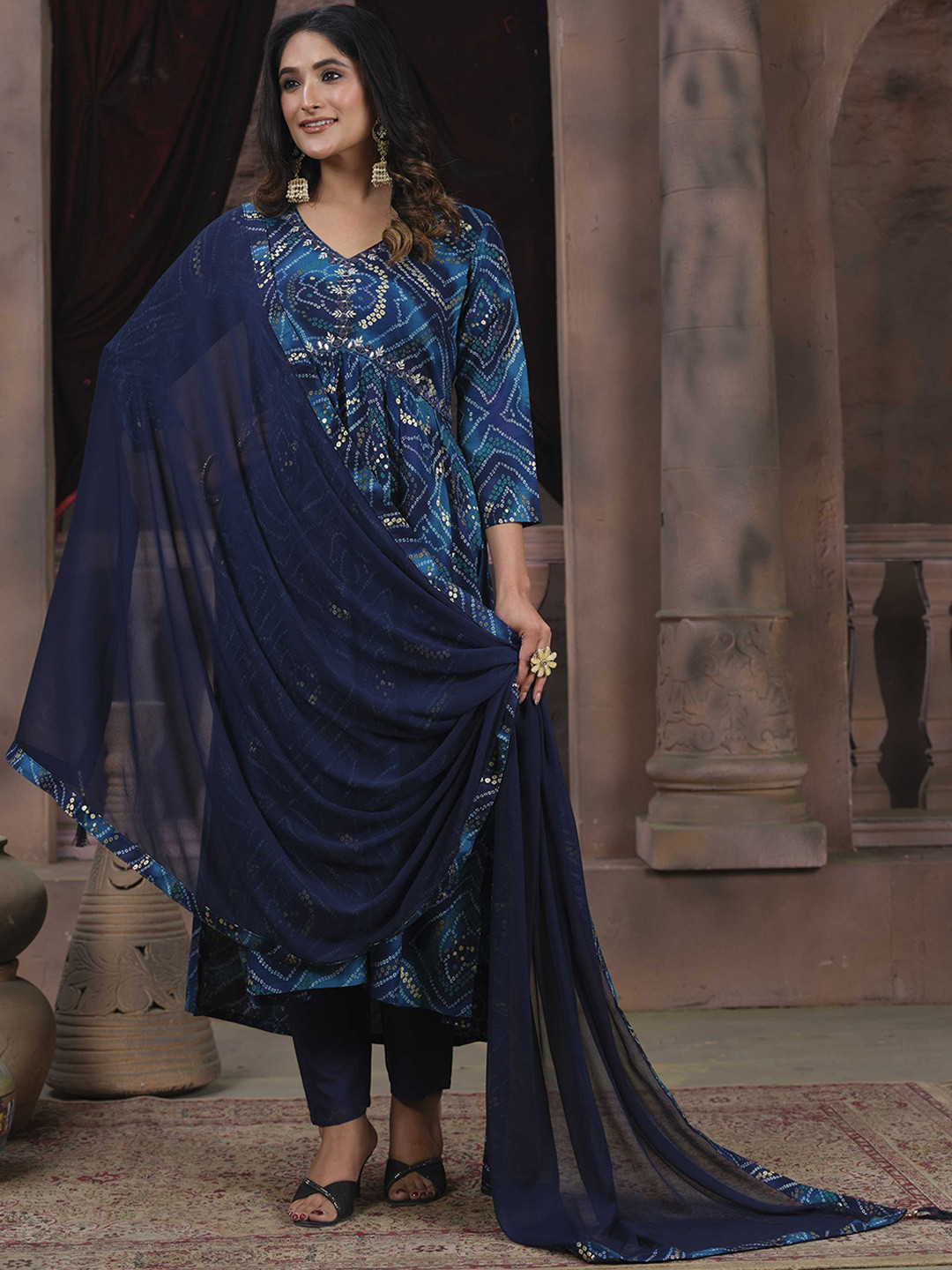 

Panzora Bandhani Printed V-Neck Empire Mirror Work Kurti with Trousers & With Dupatta, Blue