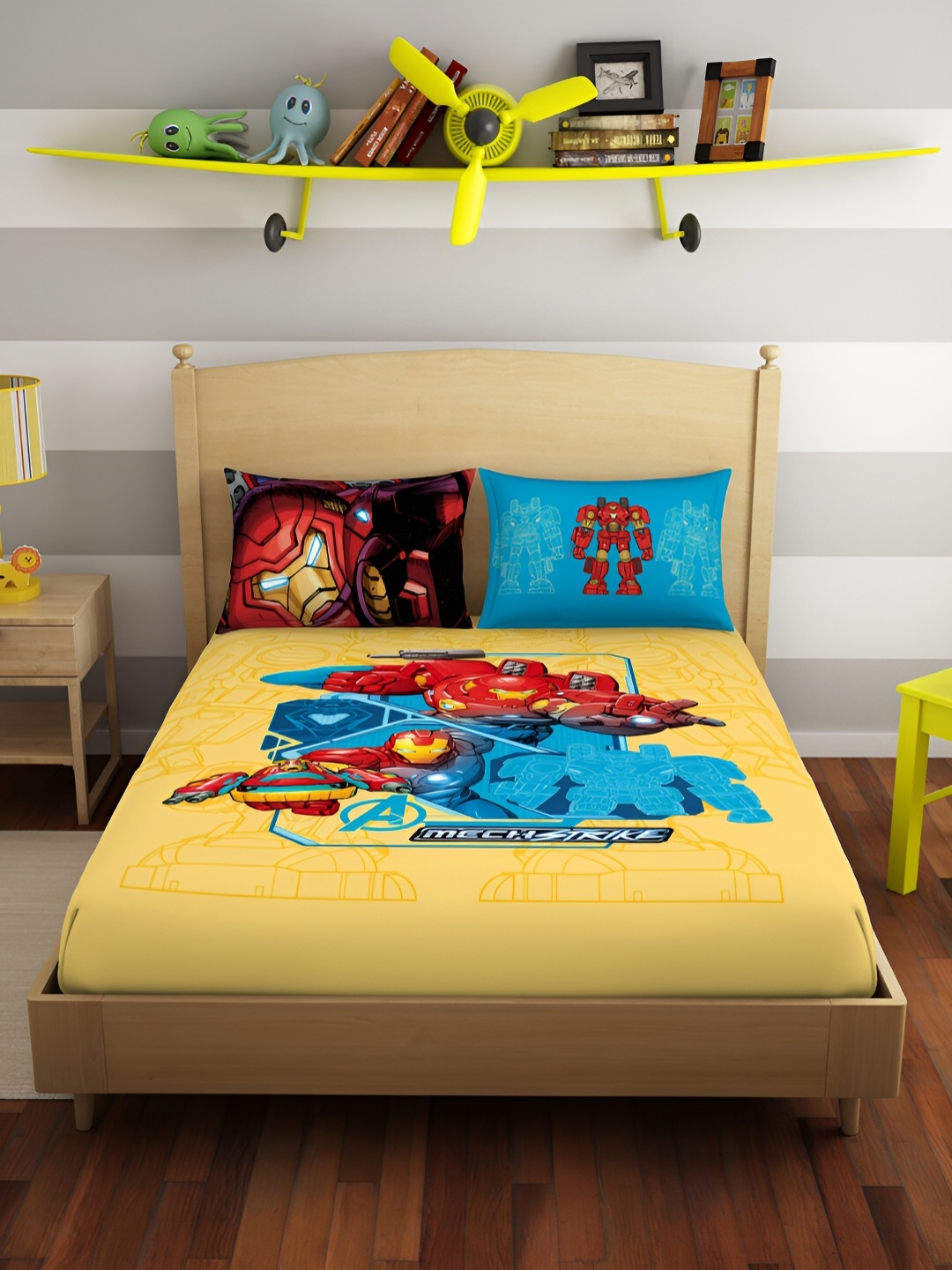 

SPACES Yellow & Blue Marvel Iron Man Cotton 180 TC King Bedsheet With 2 Pillow Covers