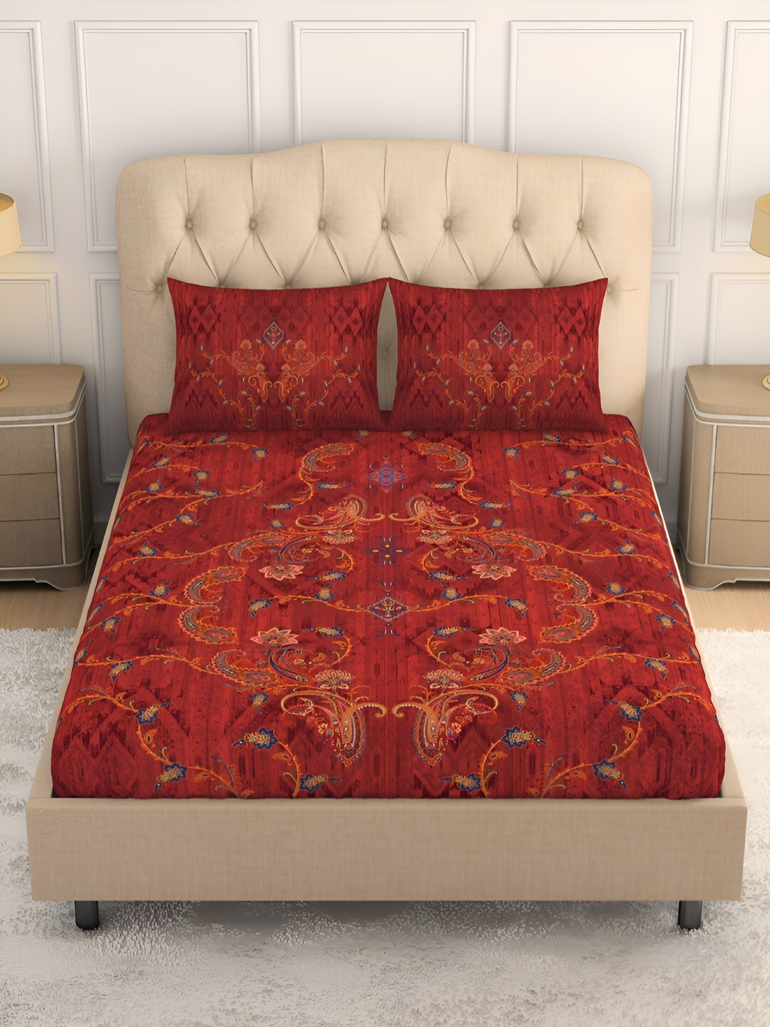 

SPACES Caravan Red & Navy Blue Ethnic Motifs Cotton 180 TC King Bedsheet & 2 Pillow Covers