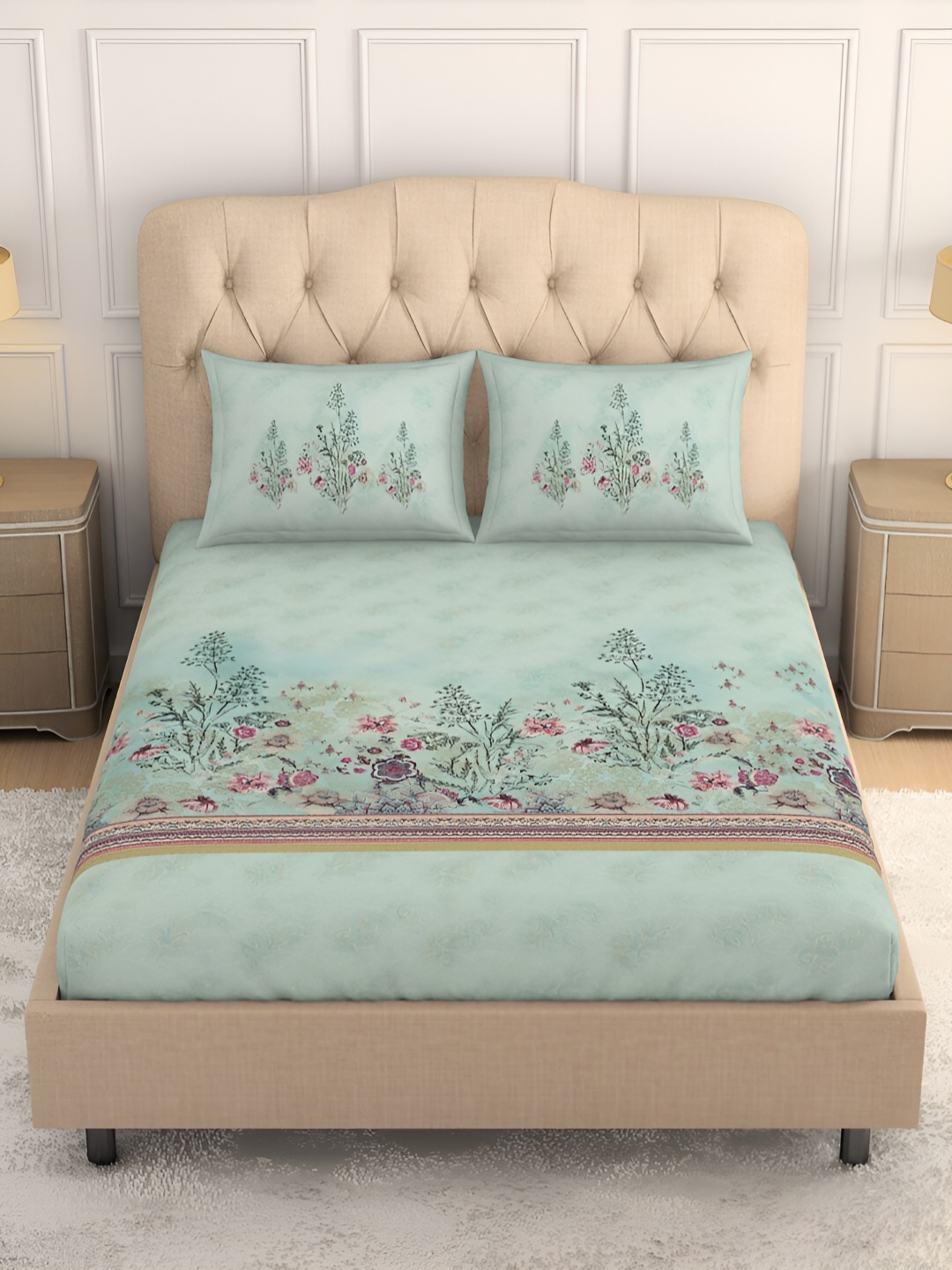 

SPACES Romantica Blue & Green Floral Cotton 180 TC King Bedsheet With 2 Pillow Covers