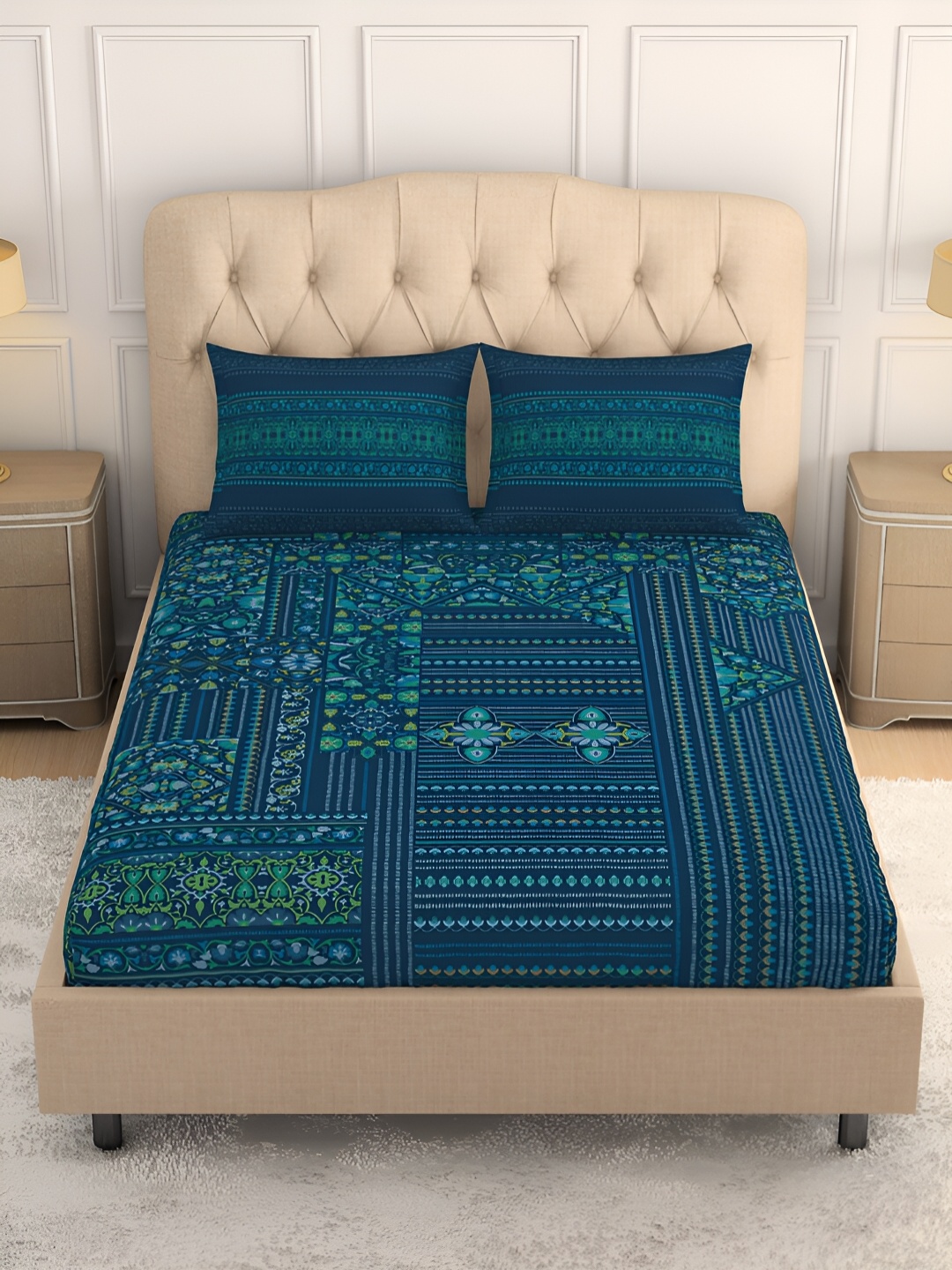 

SPACES Caravan Teal Ethnic Motifs Cotton 180 TC King Bedsheet With 2 Pillow Covers