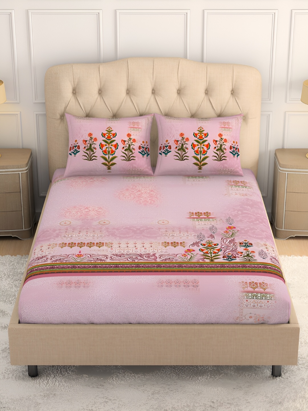 

SPACES Romantica Pink & Green Ethnic Motifs Cotton 180 TC King Bedsheet & 2 Pillow Covers