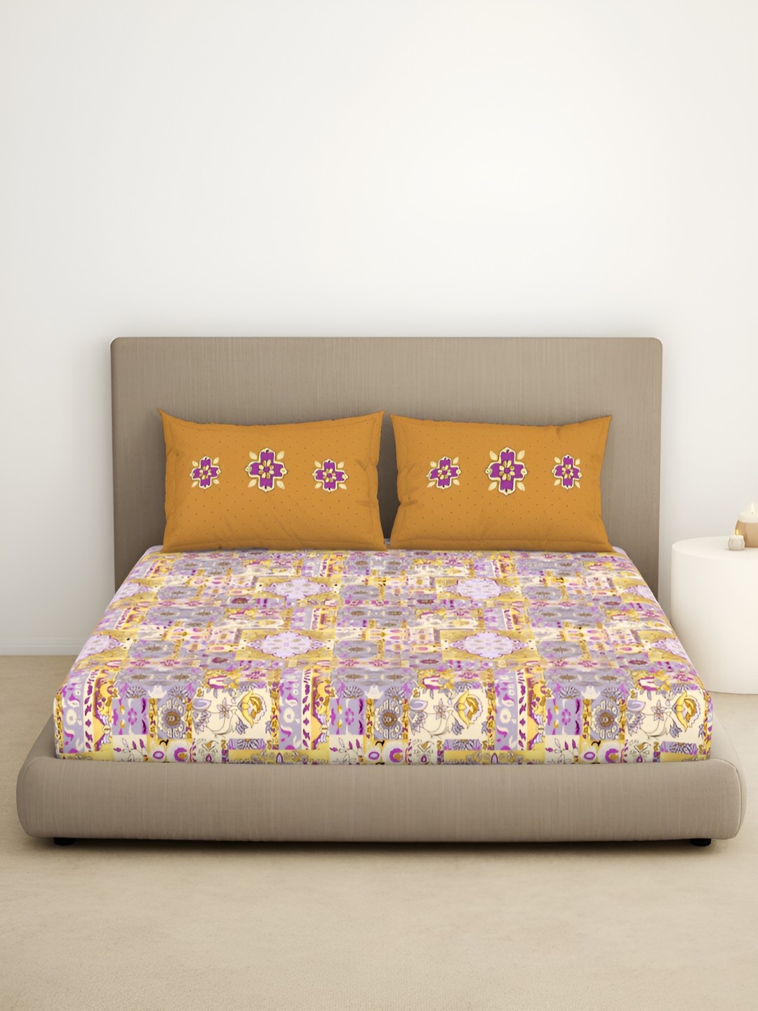 

SPACES Yellow & Purple Timeless Ethnic Printed 144 TC King Bedsheet Set