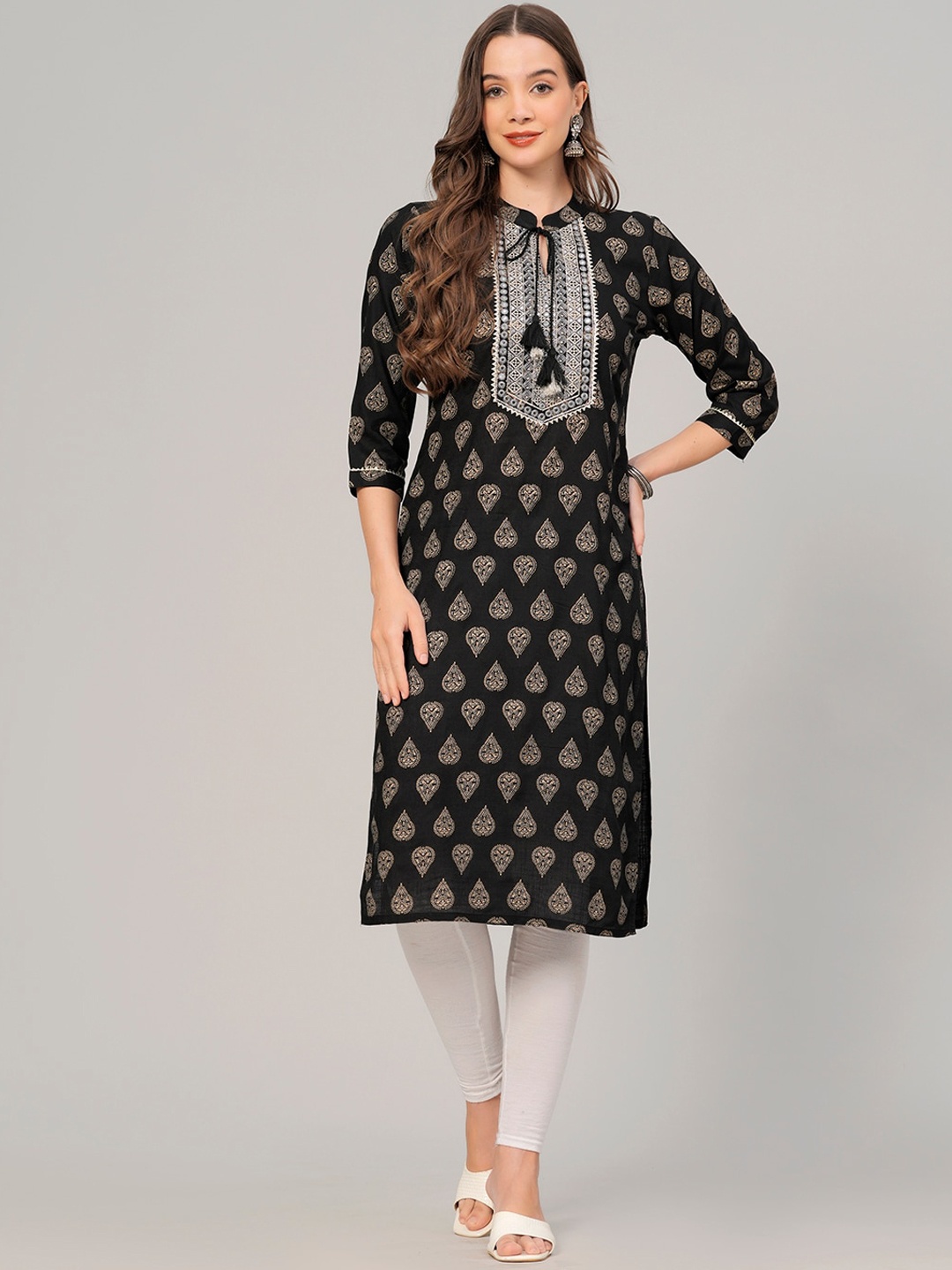 

HIGHLIGHT FASHION EXPORT Tie-Up Neck Ethnic Motifs Printed Mirror Work Kurta, Black