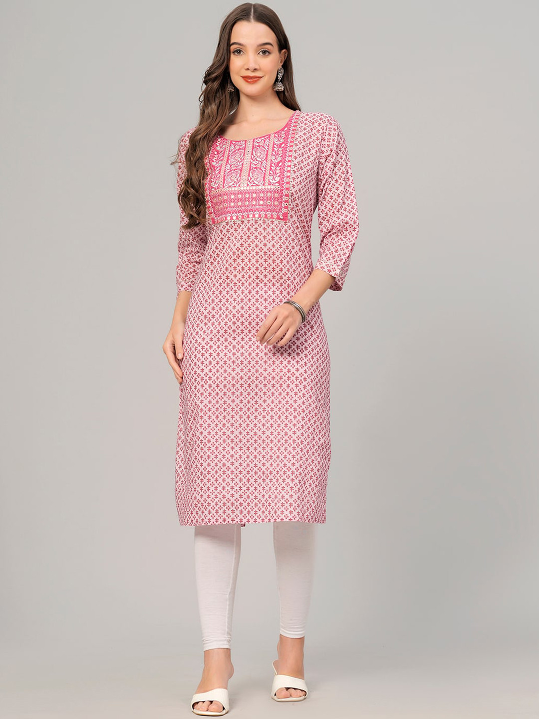 

HIGHLIGHT FASHION EXPORT Ethnic Motifs Printed Mirror Work Pure Cotton Straight Kurta, Pink