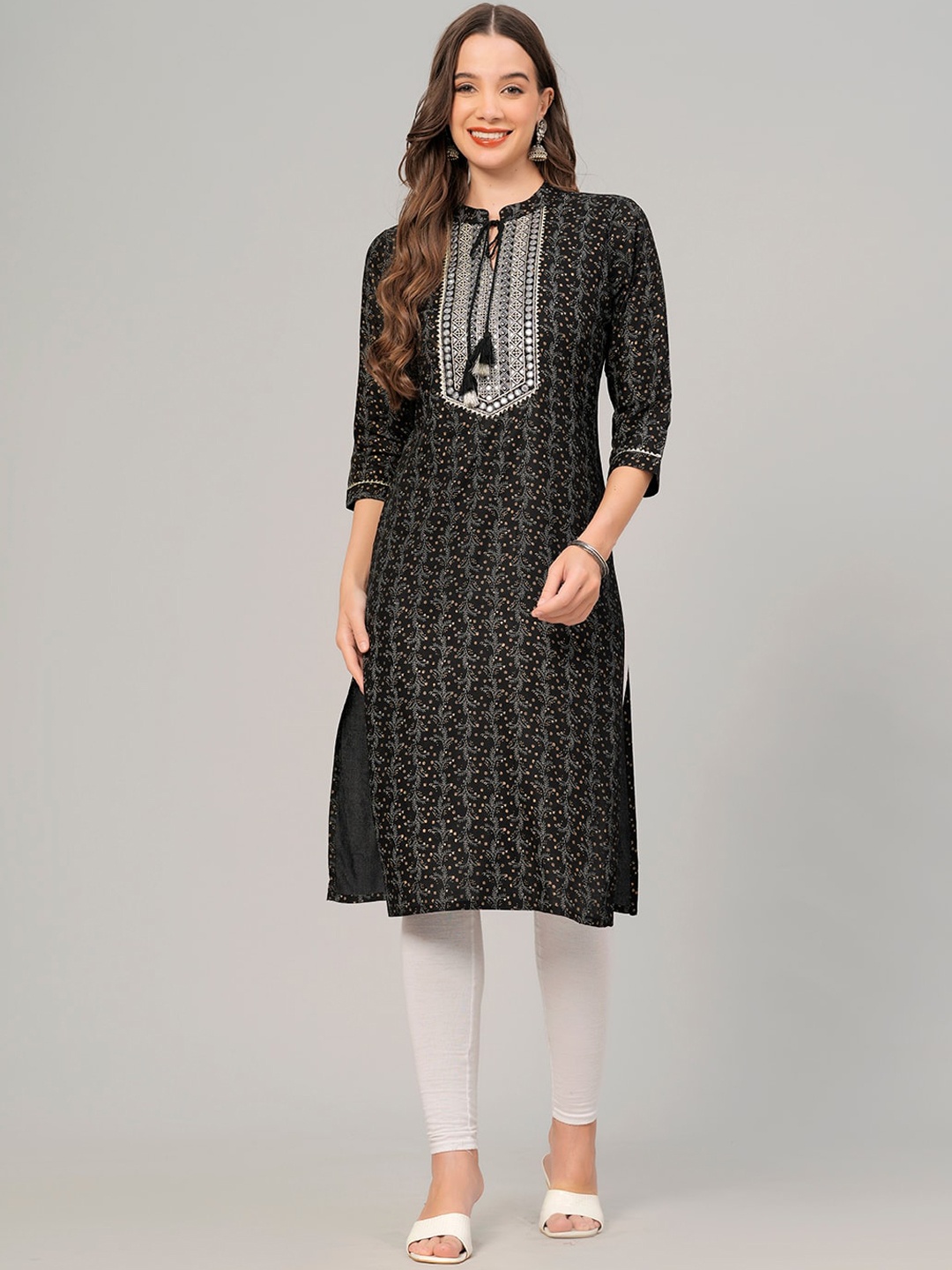 

HIGHLIGHT FASHION EXPORT Floral Printed Mirror Work Detailed Straight Kurta, Black