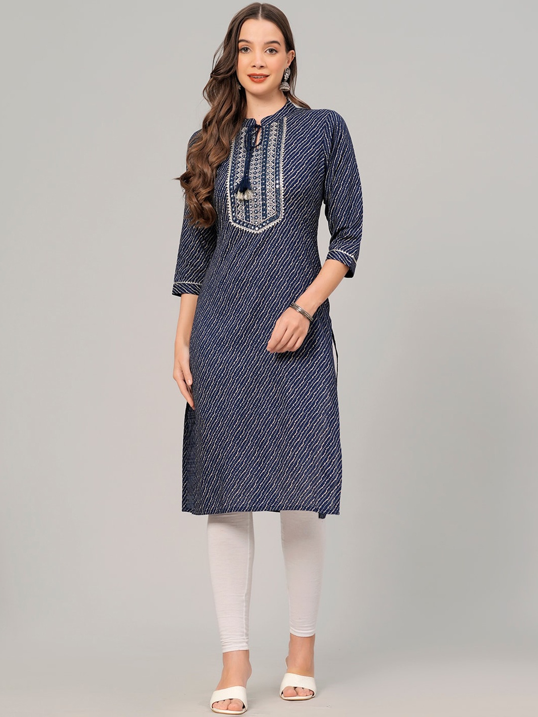 

HIGHLIGHT FASHION EXPORT Tie-Up Neck Striped Yoke Design Mirror Work Kurta, Blue