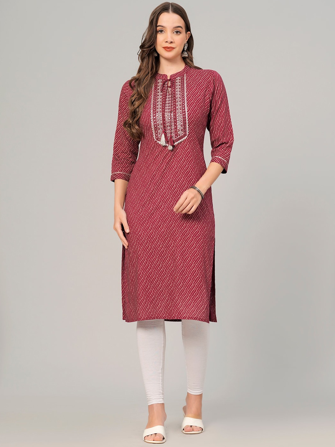 

HIGHLIGHT FASHION EXPORT Bandhani Printed Tie-Up Neck Mirror Work Straight Kurta, Maroon