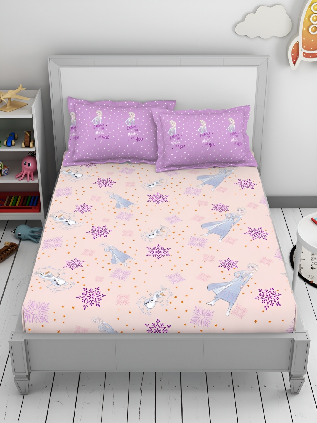

Welspun Beige & Lavender Cartoon Characters 144 TC King Bedsheet with 2 Pillow Cover