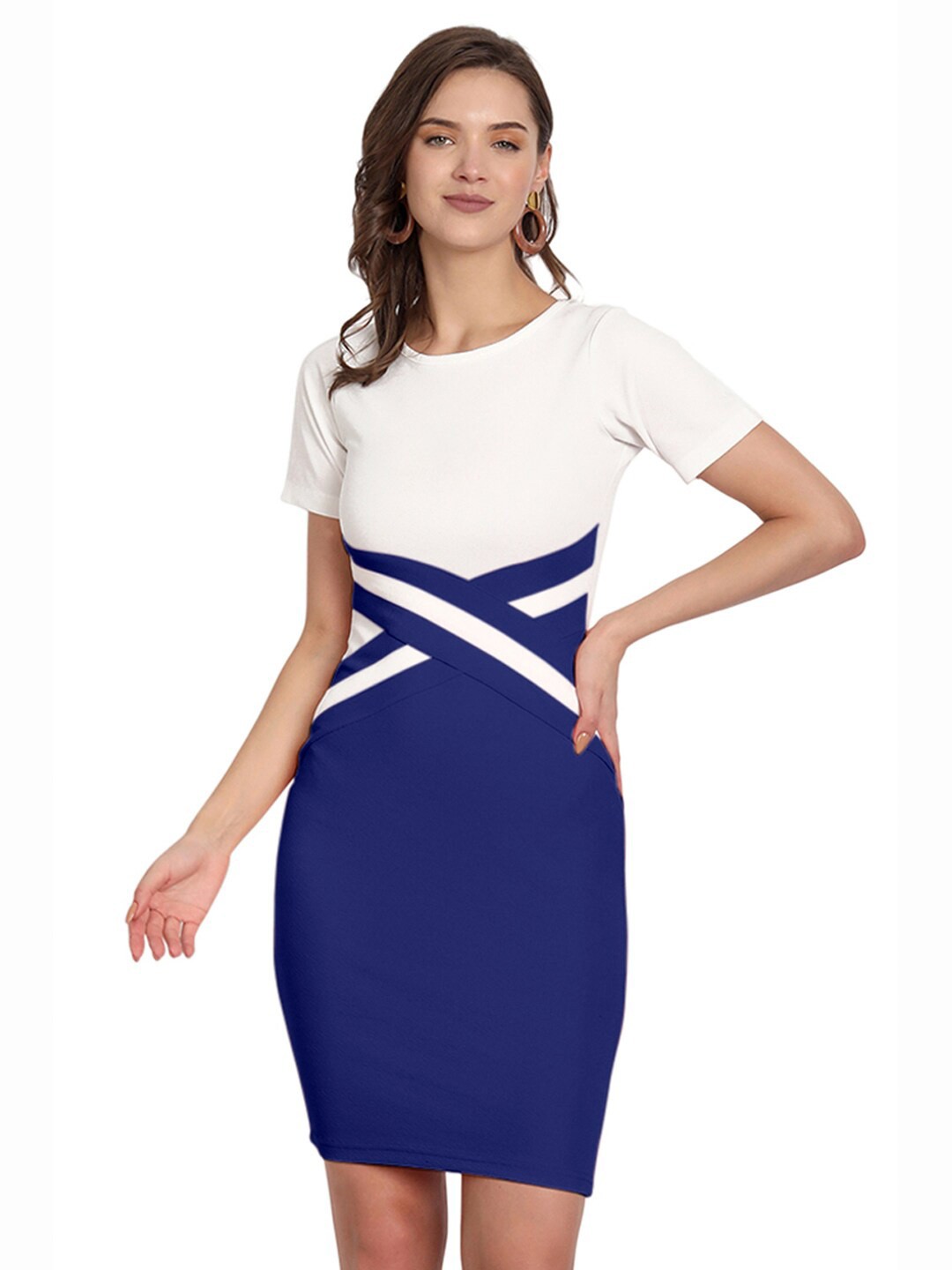 

BAESD Colourblocked Round Neck Straight Bodycon Dress, Blue