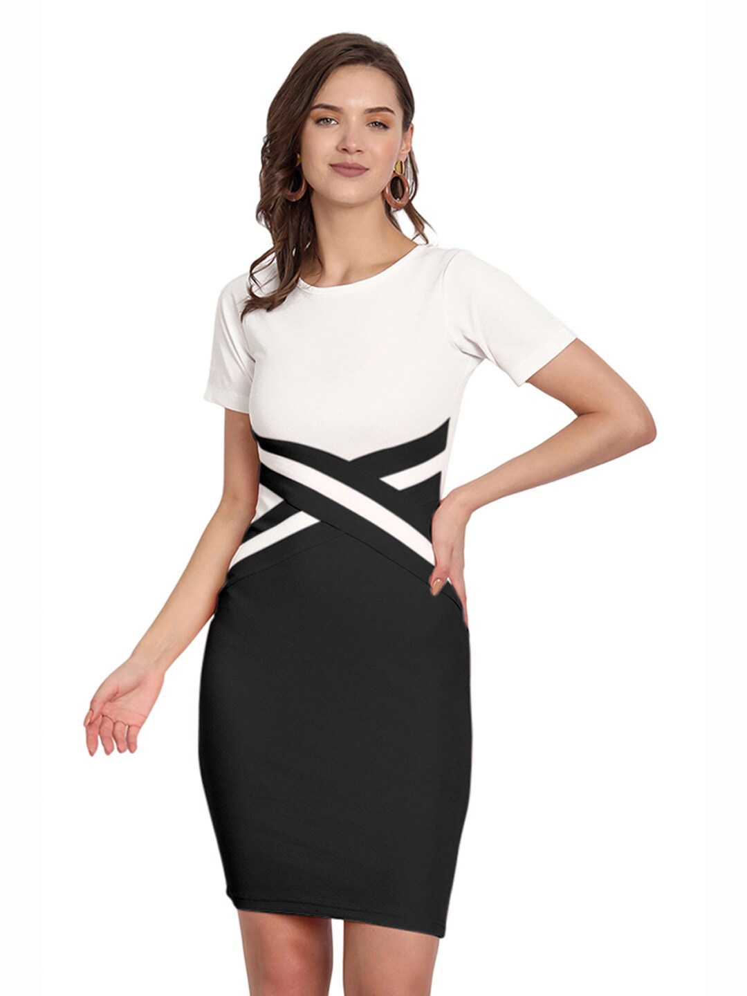 

BAESD Colourblocked Round Neck Above Knee Straight Bodycon Dress, Black