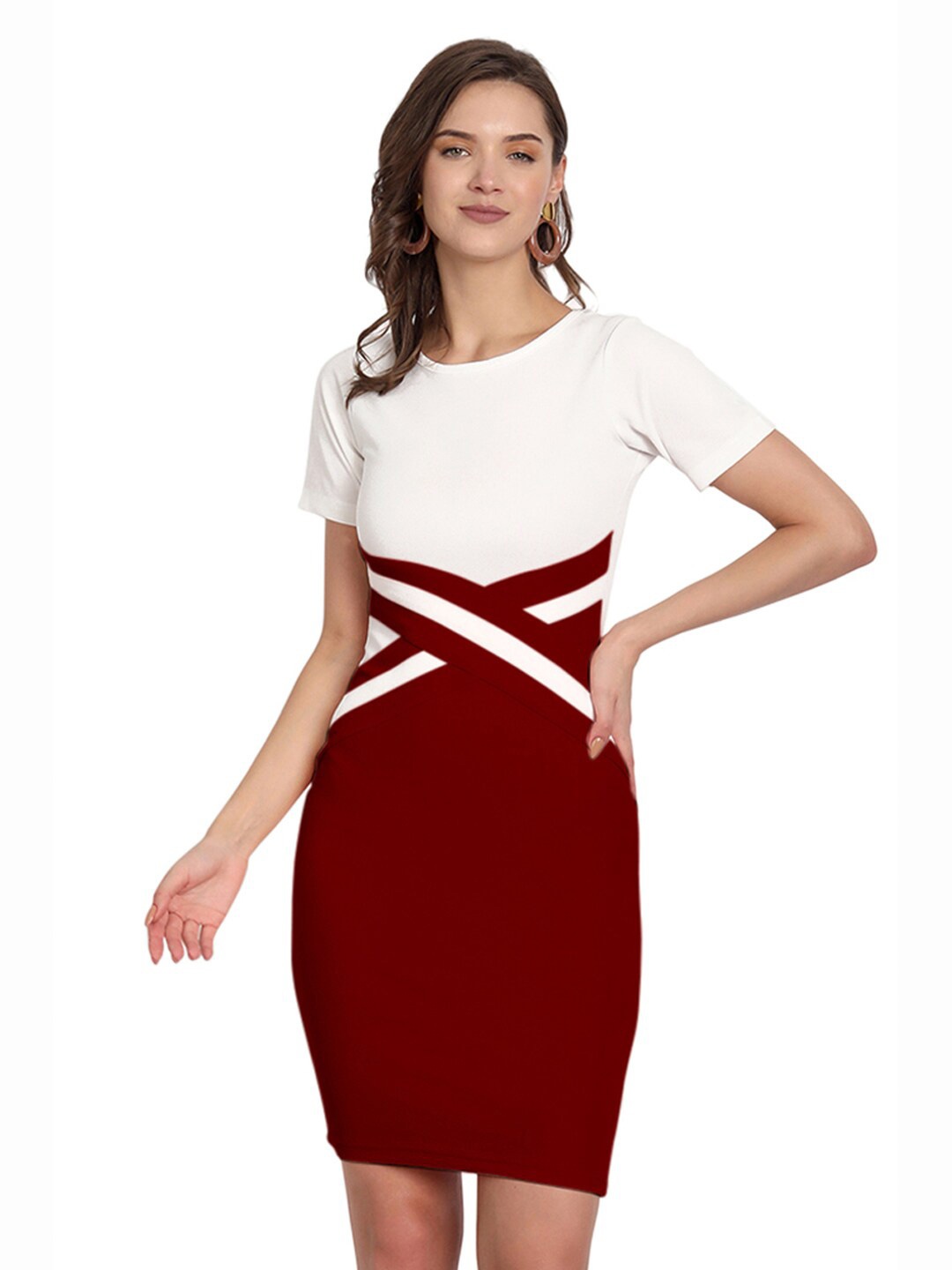 

BAESD Round Neck Colourblocked Bodycon Dress, Maroon