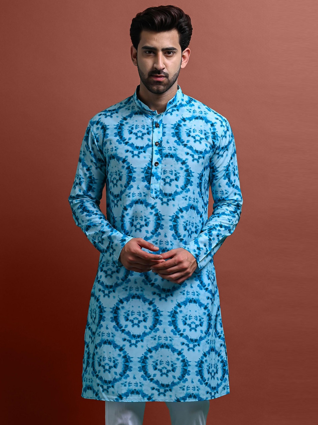 

VESHAM Geometric Printed Mandarin Collar Straight Kurta, Sea green