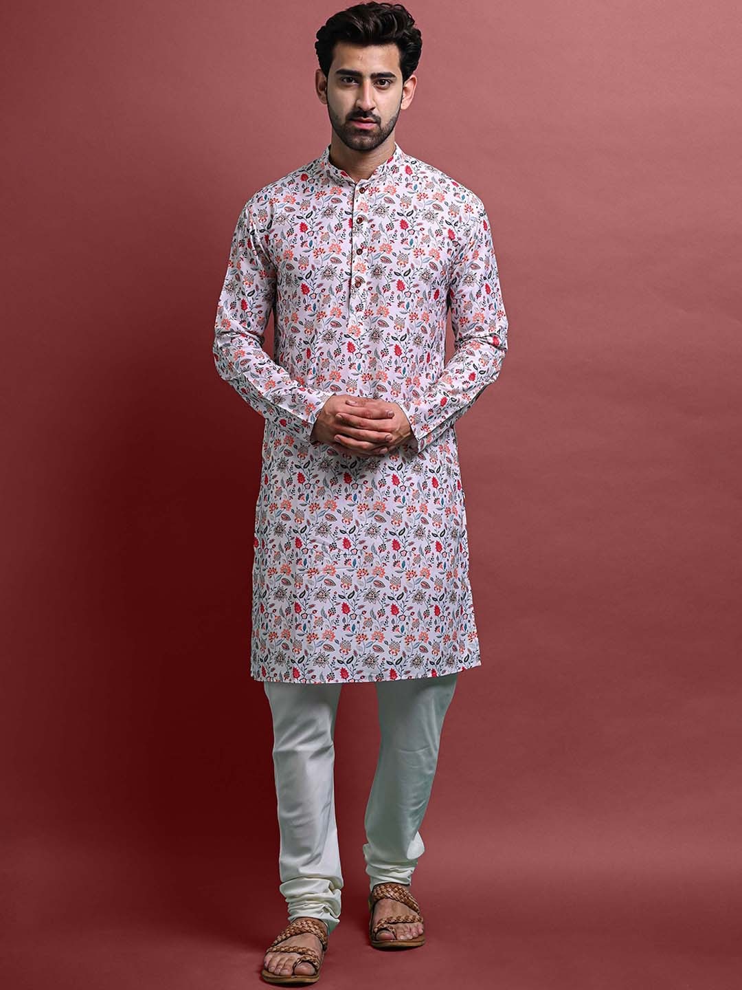 

VESHAM Floral Printed Mandarin Collar Straight Kurta, Pink