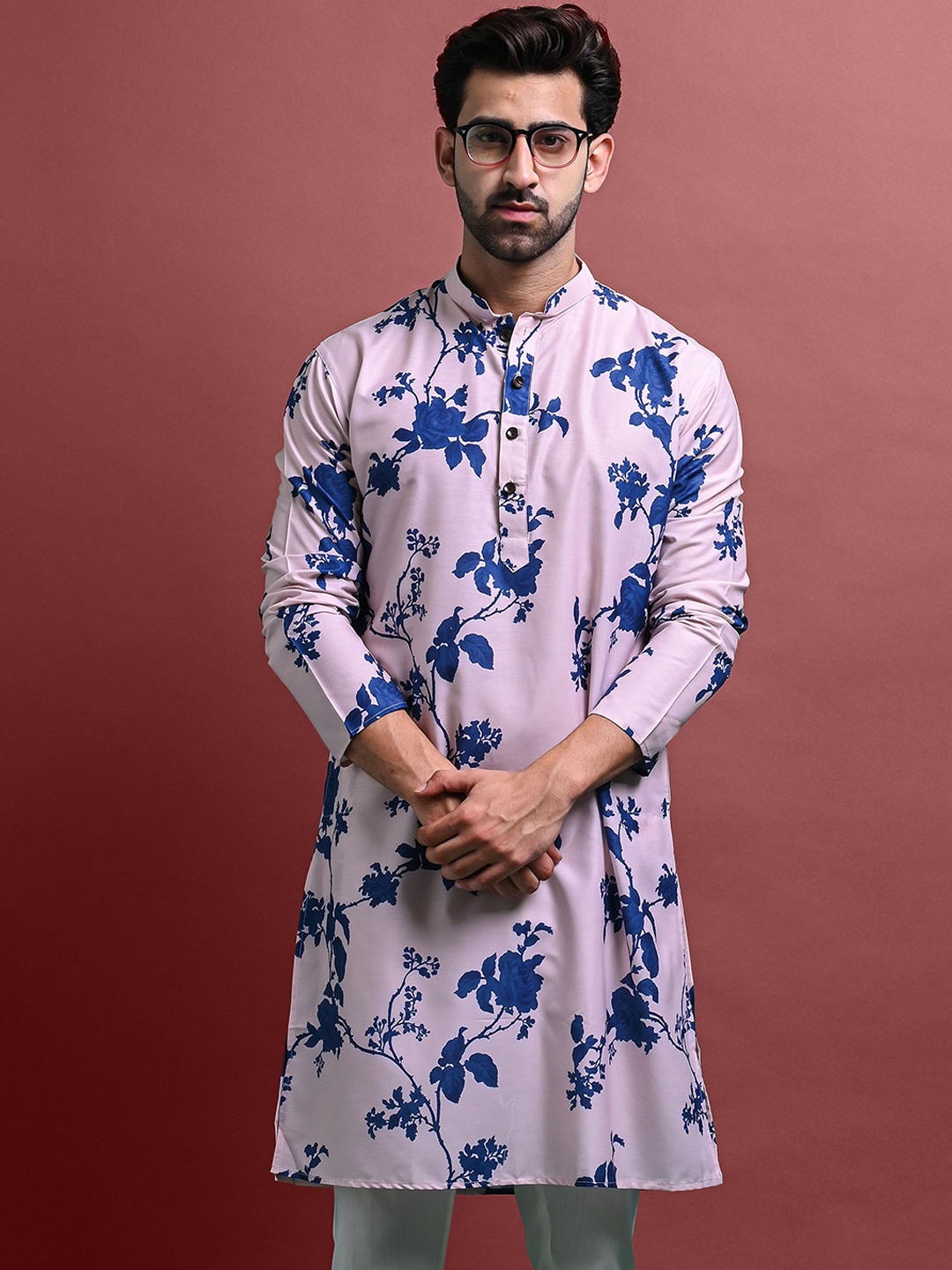 

VESHAM Floral Printed Mandarin Collar Straight Kurta, Blue