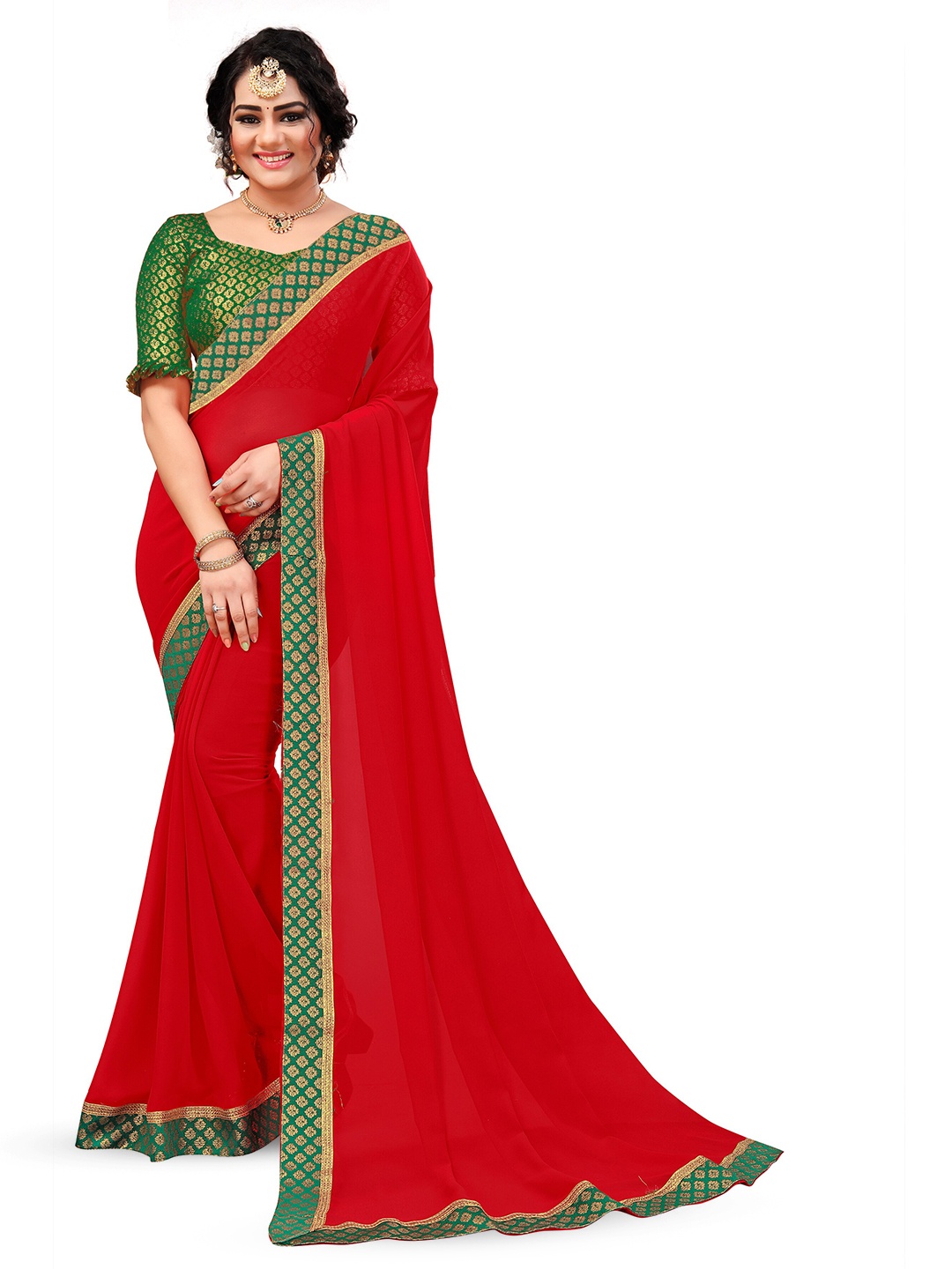 

VM TEJANI Woven Design Zari Pure Georgette Saree, Red