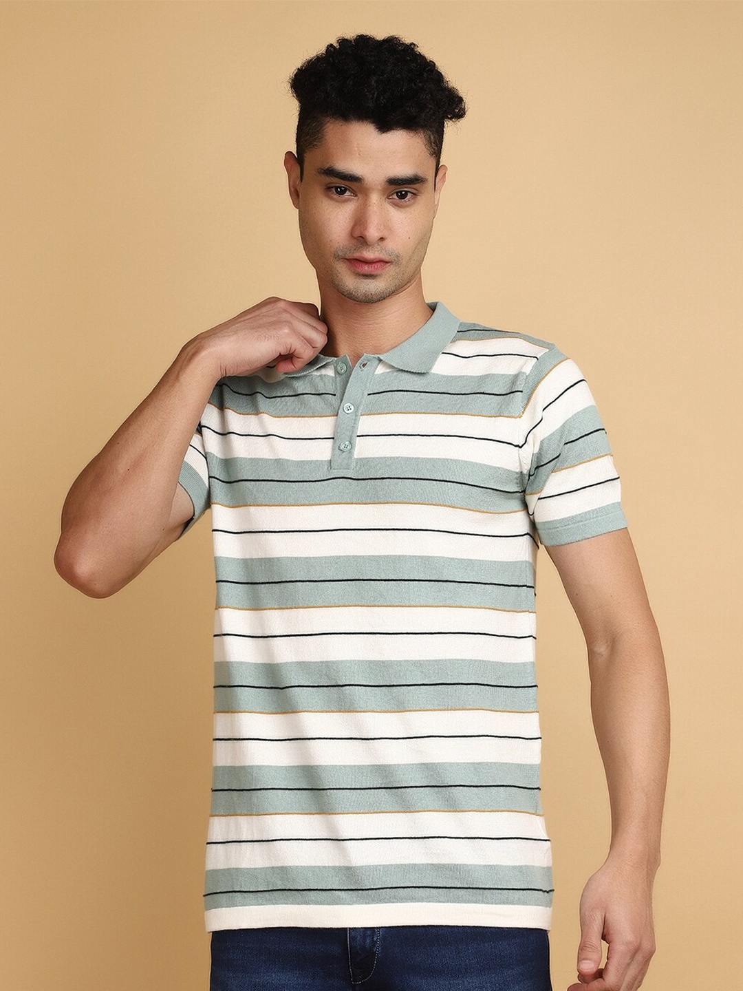 

V-Mart Striped Polo Collar Cotton T-shirt, Green