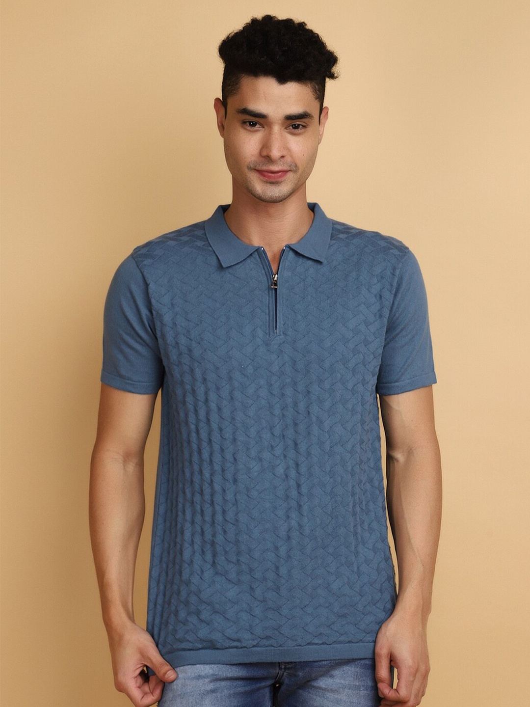 

V-Mart Geometric Self Design Polo Collar Cotton Casual T-shirt, Blue