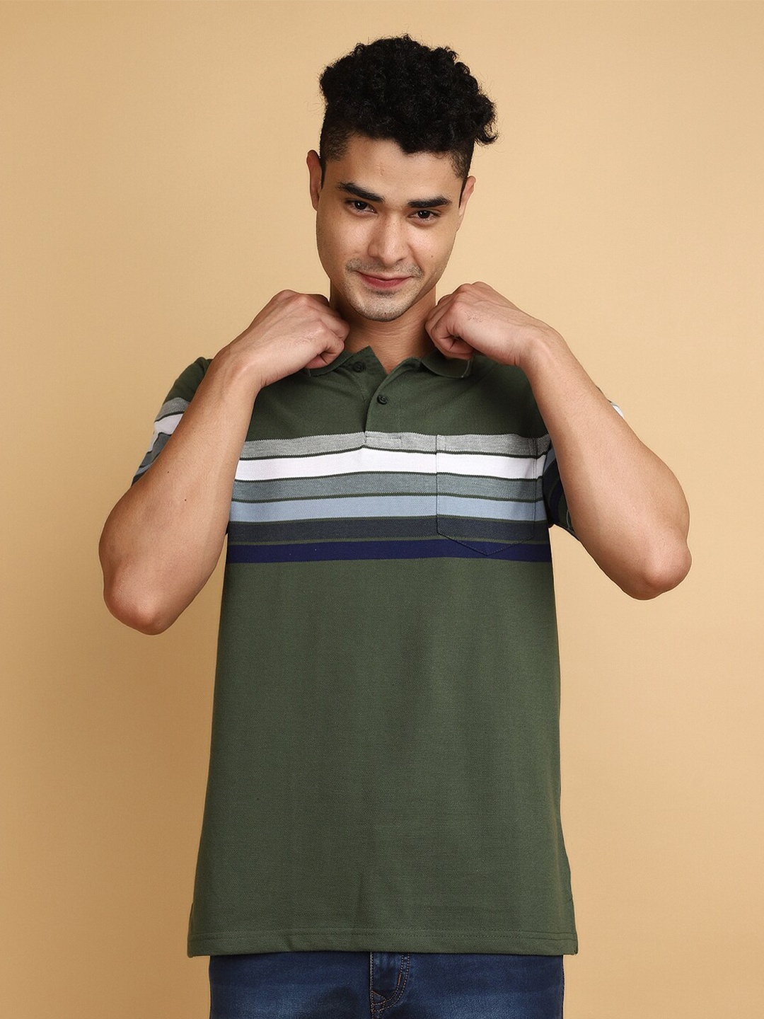 

V-Mart Men Striped Printed Polo Collar Casual T-shirt, Green