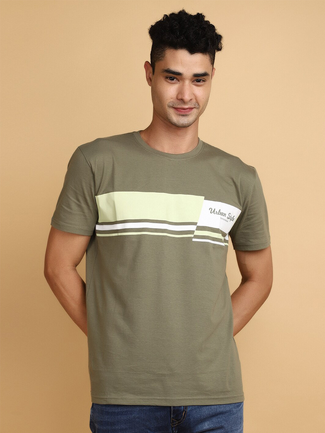 

V-Mart Striped Printed Cotton Slim Fit Casual T-shirt, Green