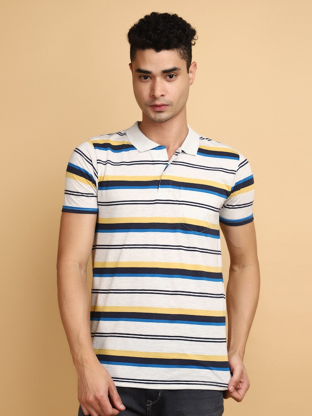 

V-Mart Striped Printed Polo Collar Slim Fit Casual T-shirt, White