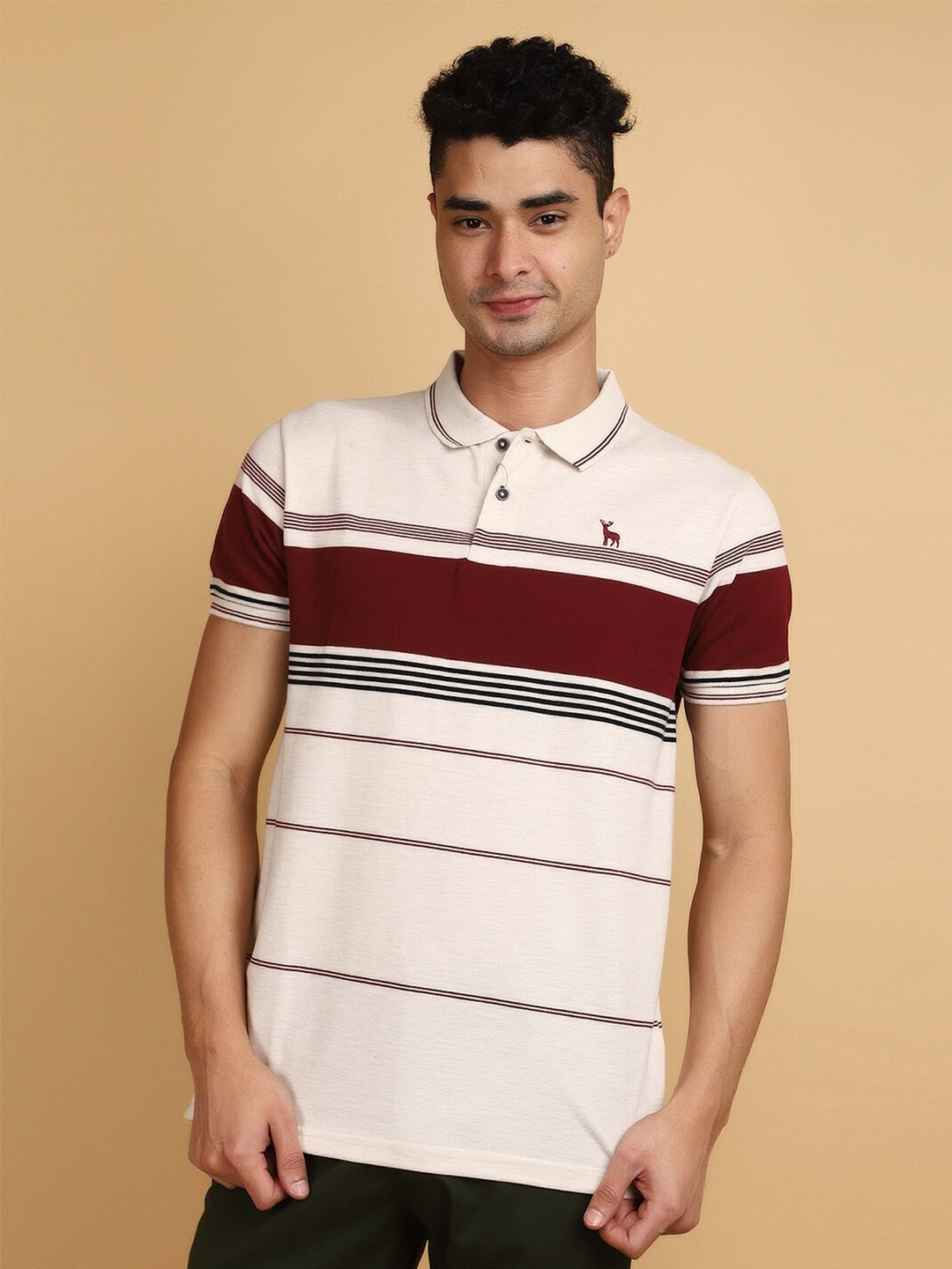 

V-Mart Striped Printed Polo Collar Casual T-shirt, Beige