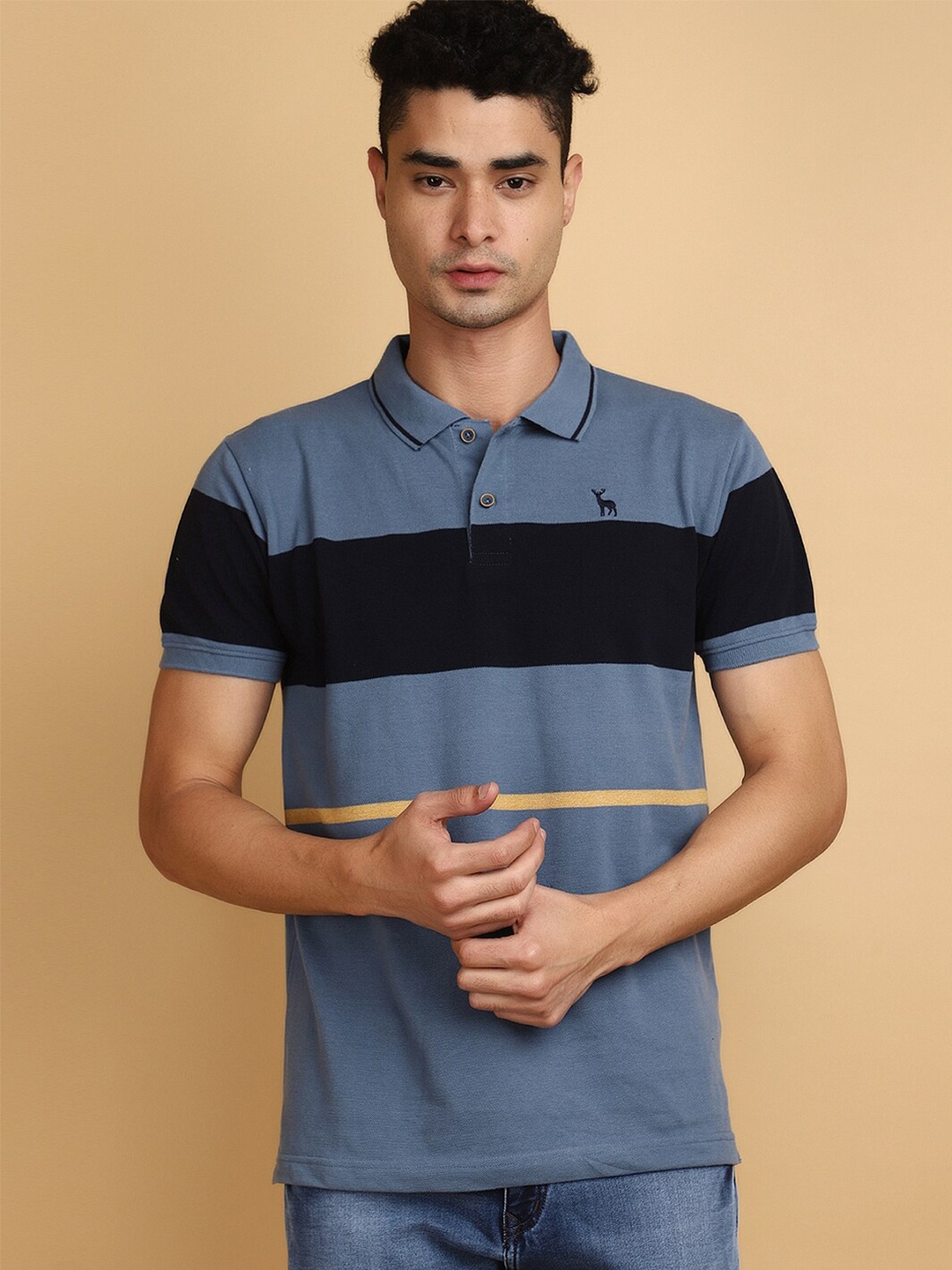 

V-Mart Striped Printed Polo Collar Casual T-shirt, Blue