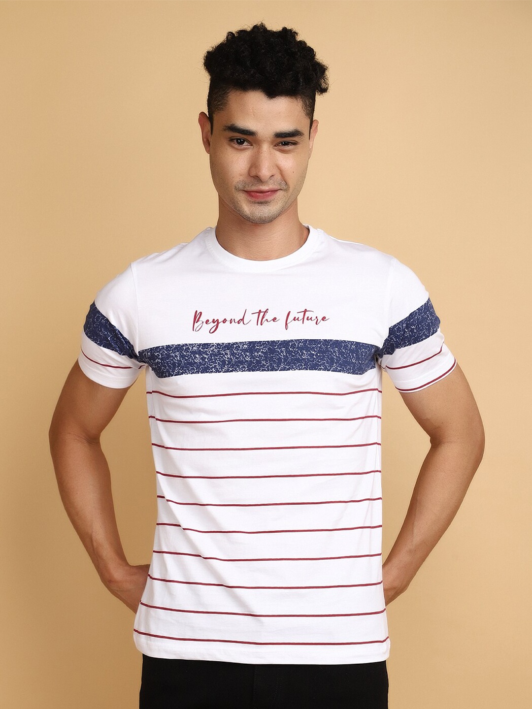 

V-Mart Striped Printed Cotton Slim Fit Casual T-shirt, White