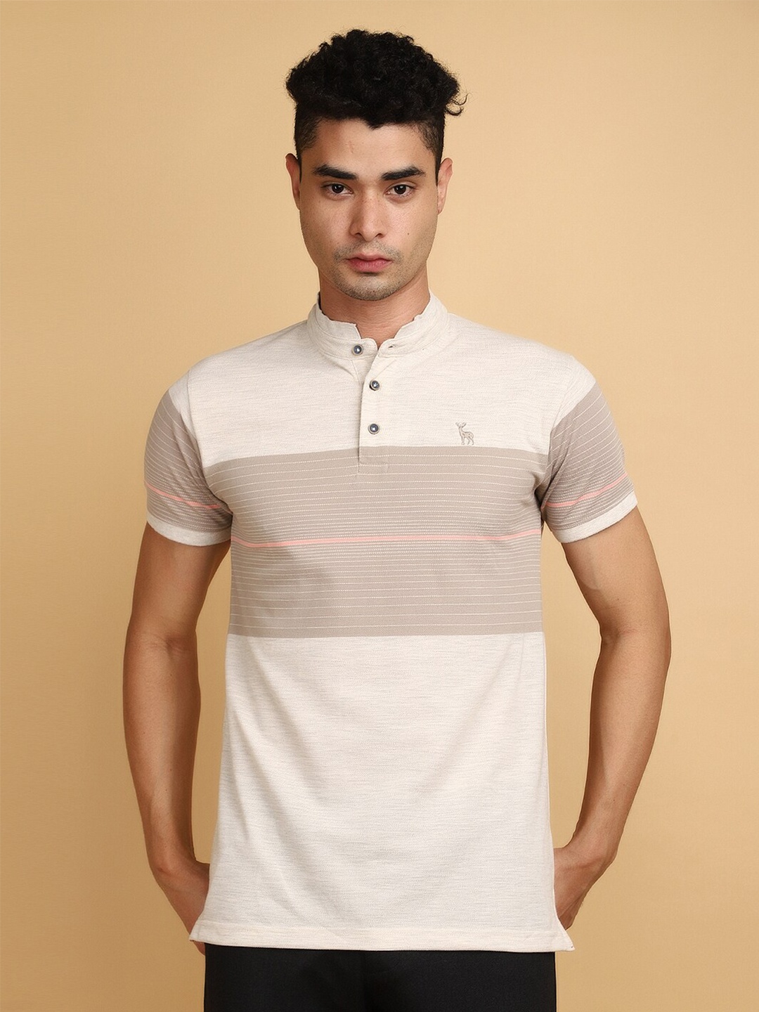

V-Mart Striped Printed Mandarin Collar Casual T-shirt, Beige