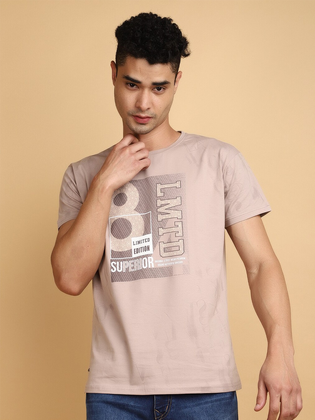 

V-Mart Typography Printed Round Neck Casual T-shirt, Beige