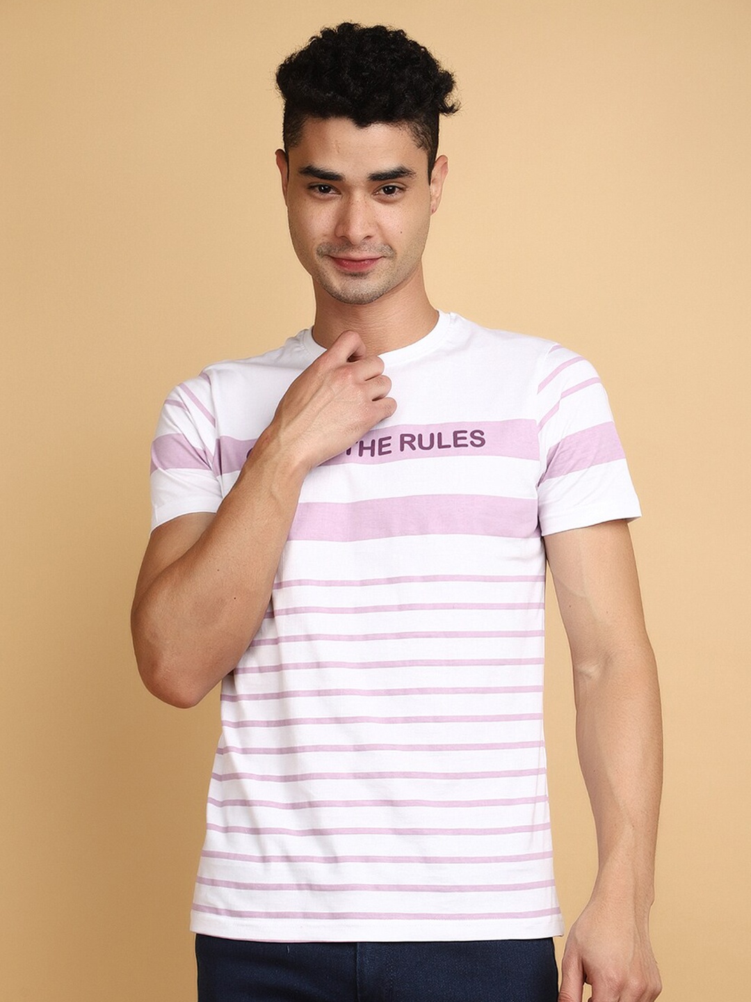 

V-Mart Striped Printed Cotton Slim Fit Casual T-shirt, White