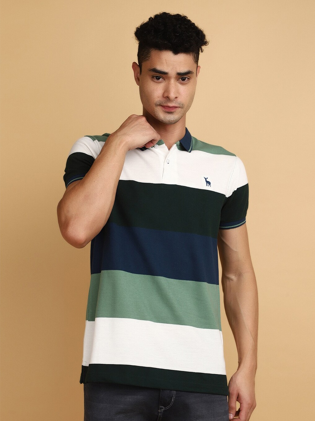 

V-Mart Striped Printed Polo Collar Casual T-shirt, Green