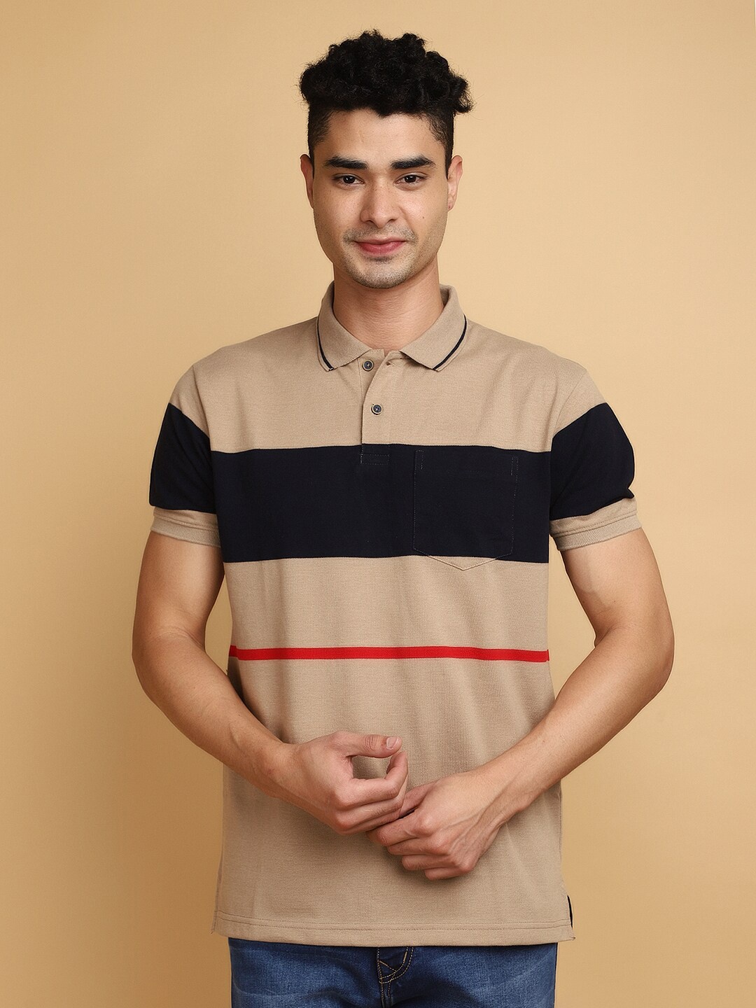 

V-Mart Striped Polo Collar Short Sleeves Cotton T-shirt, Khaki