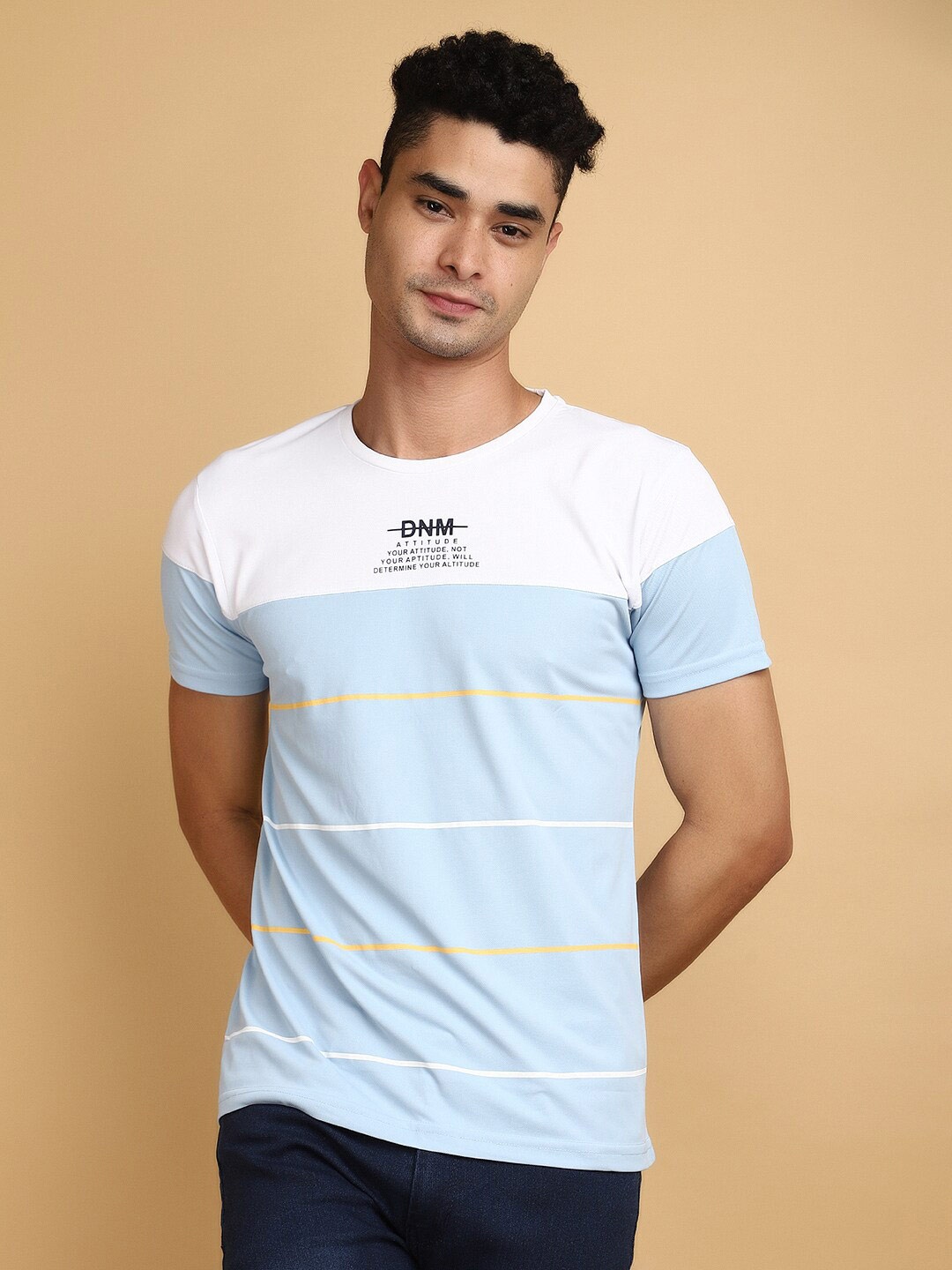 

V-Mart Colourblocked Slim Fit Short Sleeves Round Neck Cotton T-shirt, Blue