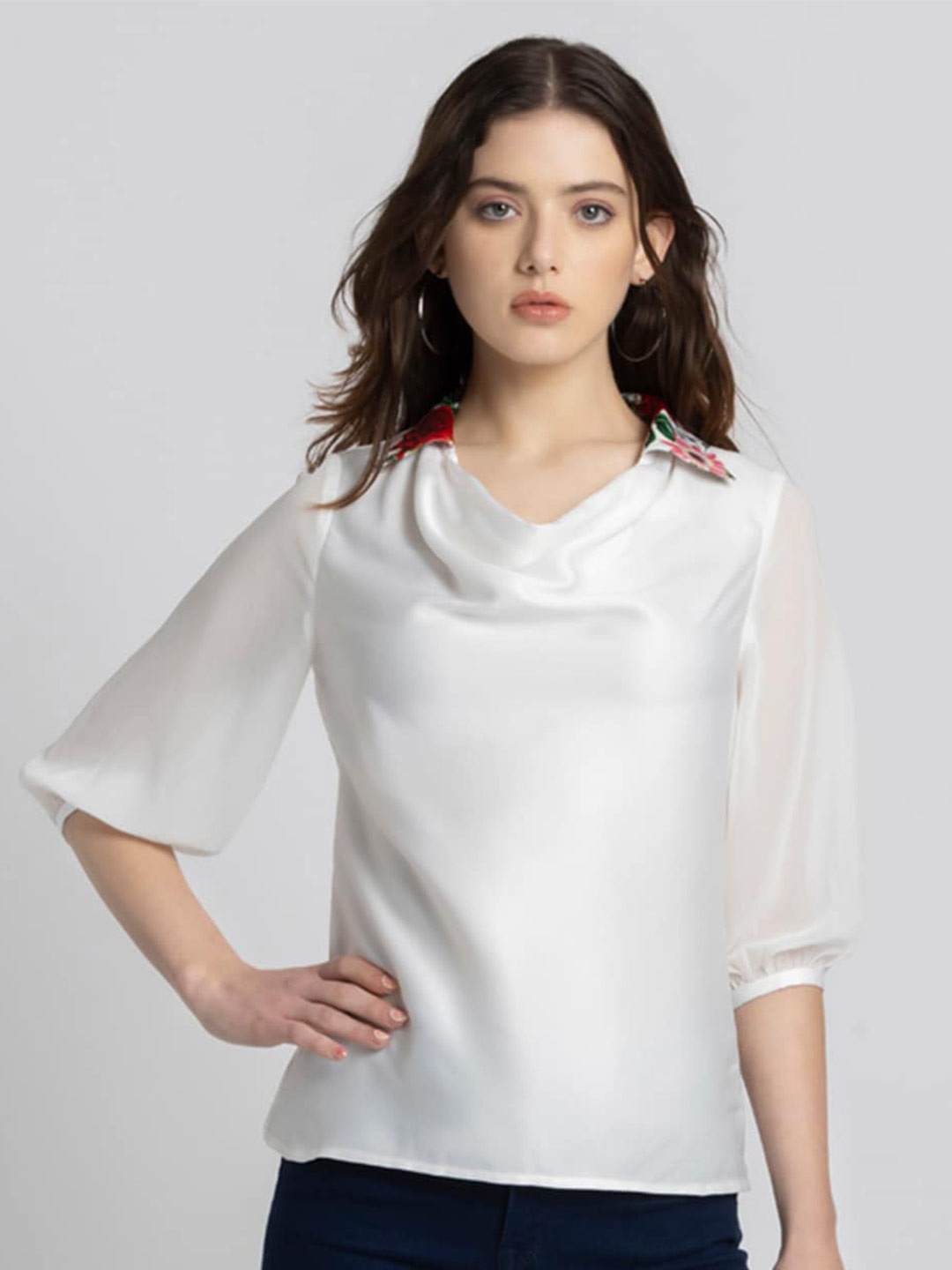 

SHAYE Cowl Neck Cuffed Sleeves Top, White