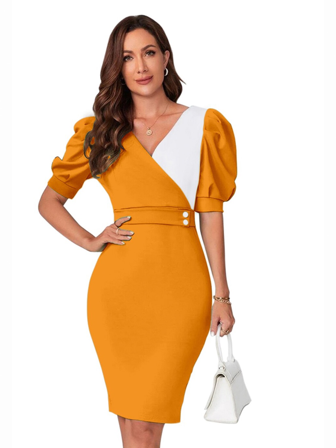 

BAESD Puff Sleeves Bodycon Dress, Yellow