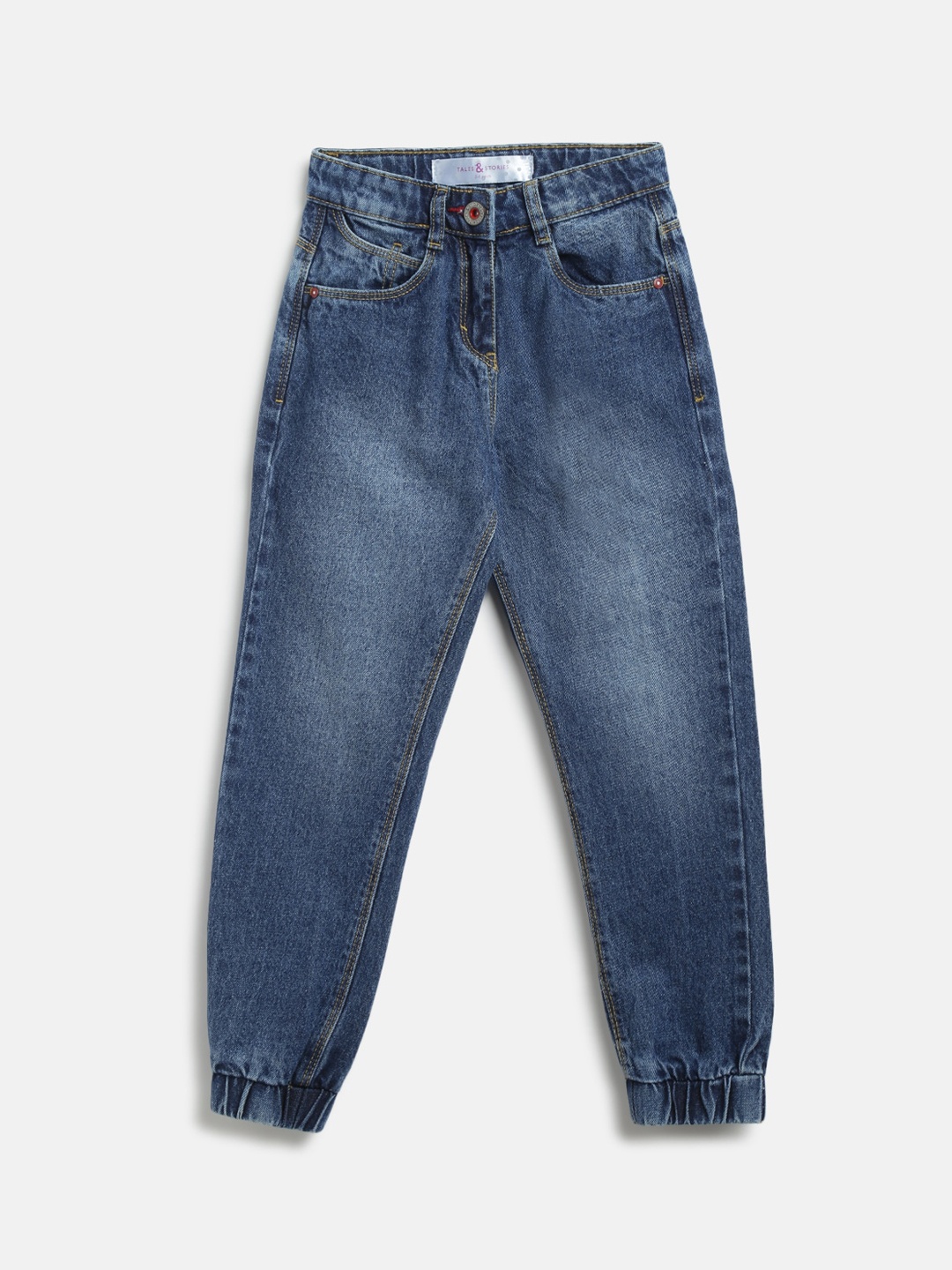 

TALES & STORIES Girls Mid-Rise Jogger Fit Heavy Fade Cotton Jeans, Blue