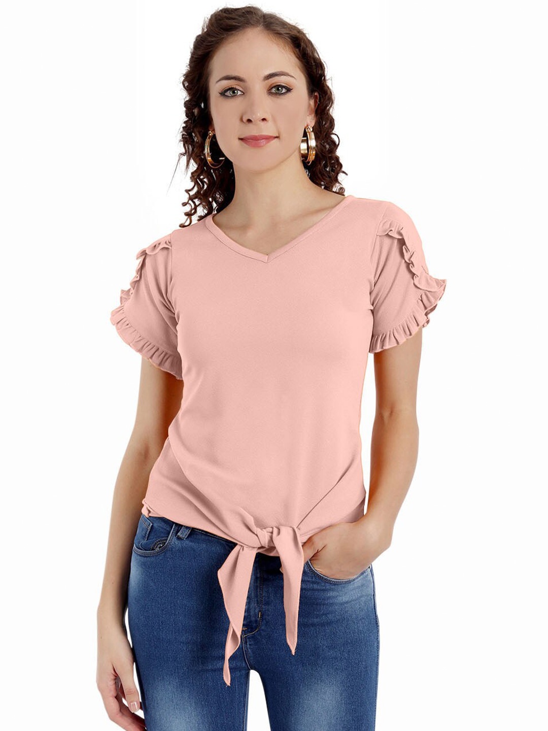 

BAESD V-Neck Flutter Sleeves Top, Peach
