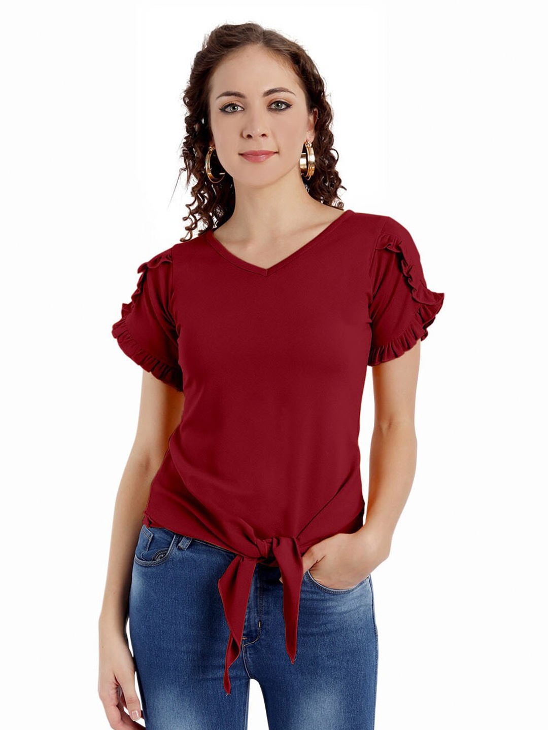 

BAESD V-Neck Flutter Sleeves Top, Maroon