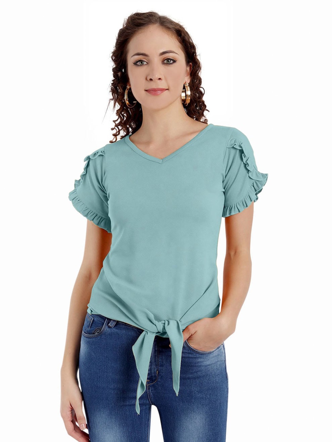 

BAESD V-Neck Flutter Sleeves Top, Sea green