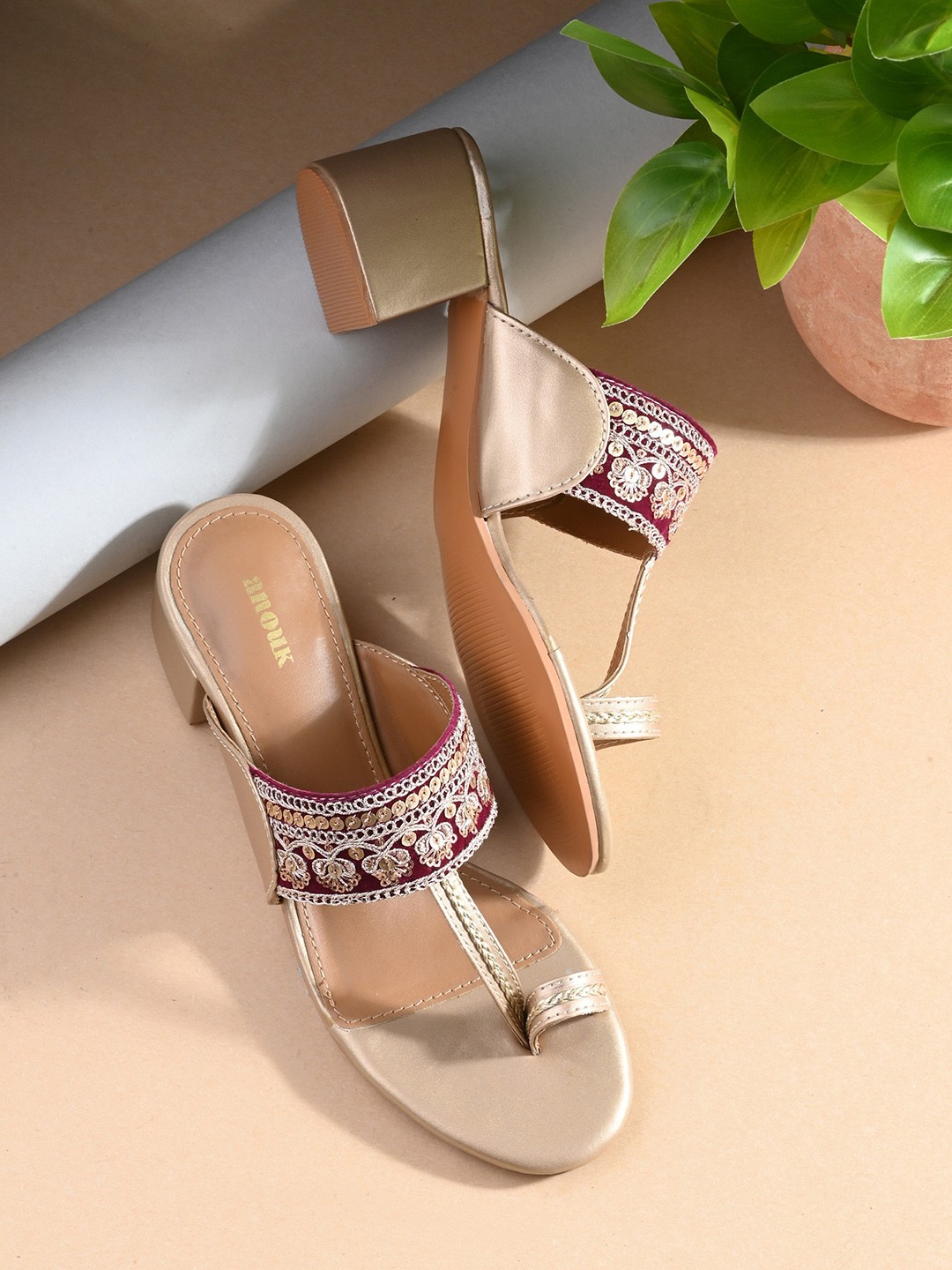 

Anouk Embroidered One Toe Block Heels, Maroon