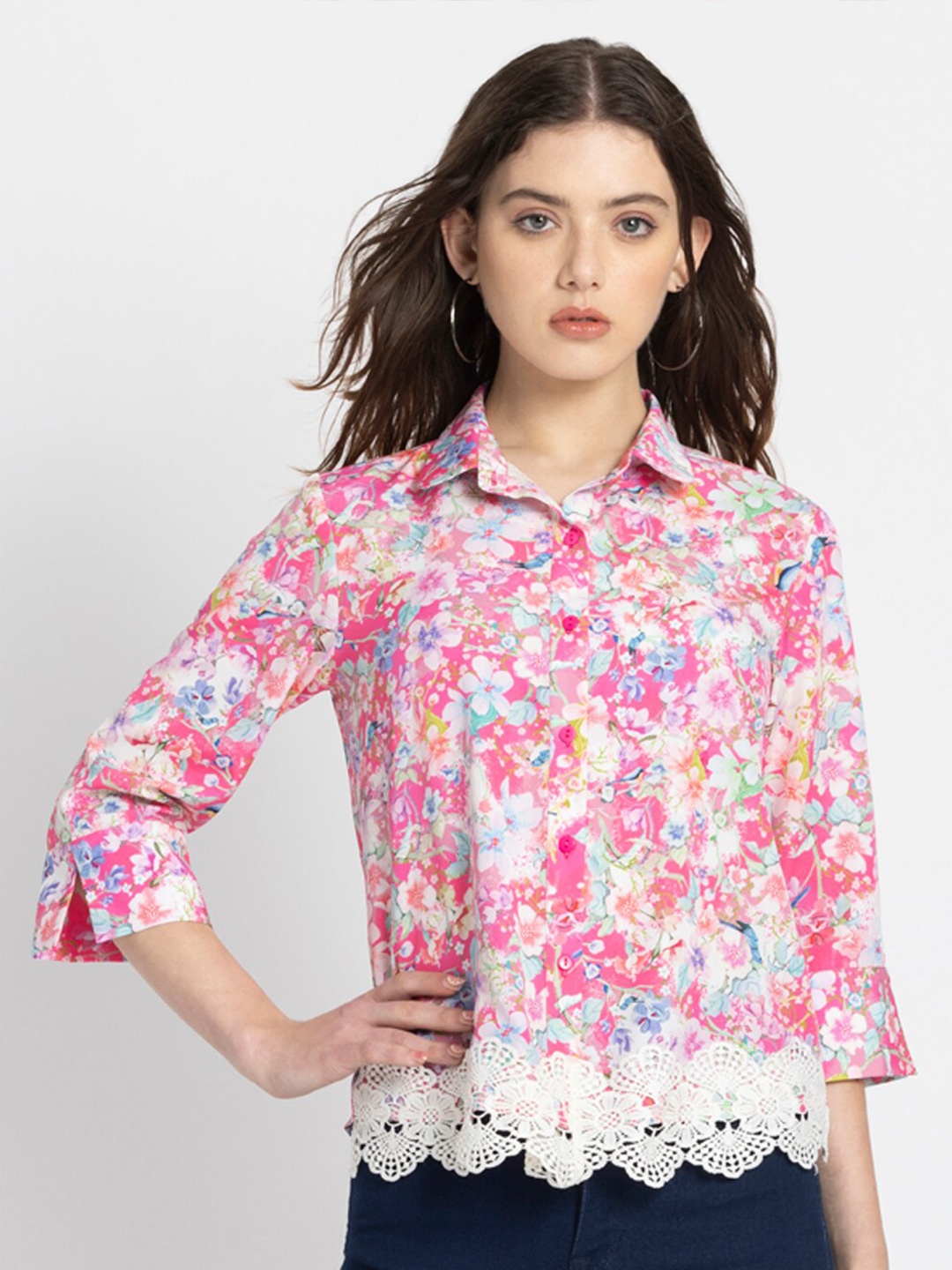 

SHAYE Floral Printed Spread Collar Three-Quarter Sleeves Casual Shirt, Pink