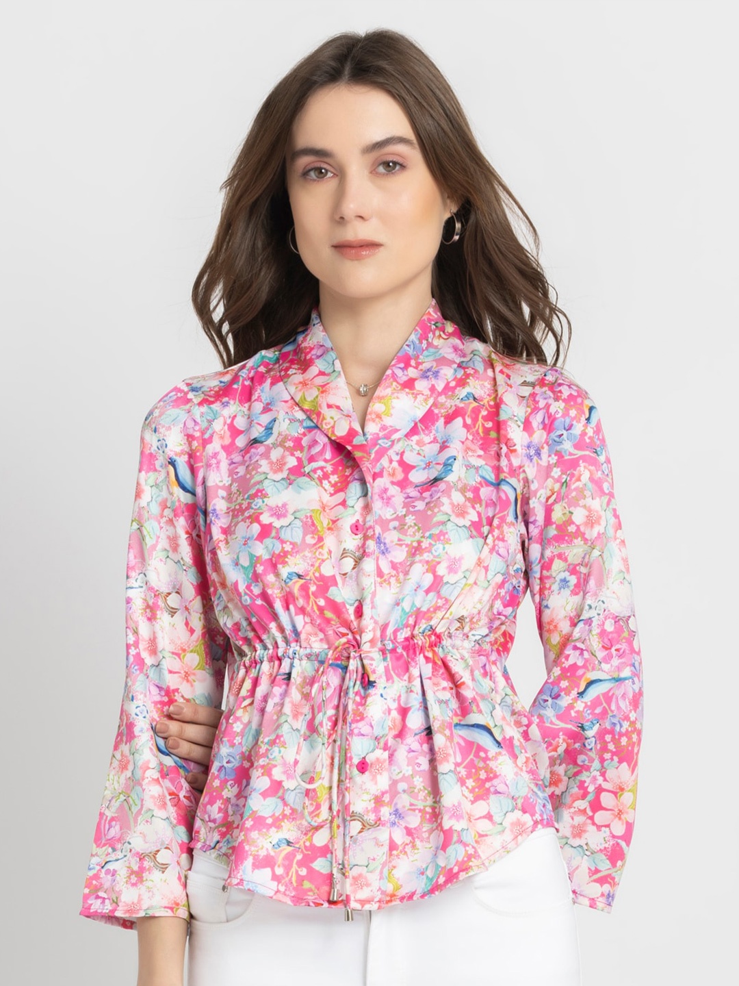 

SHAYE Floral Printed Shawl Collar Three-Quarter Sleeves Casual Shirt Shirt, Pink