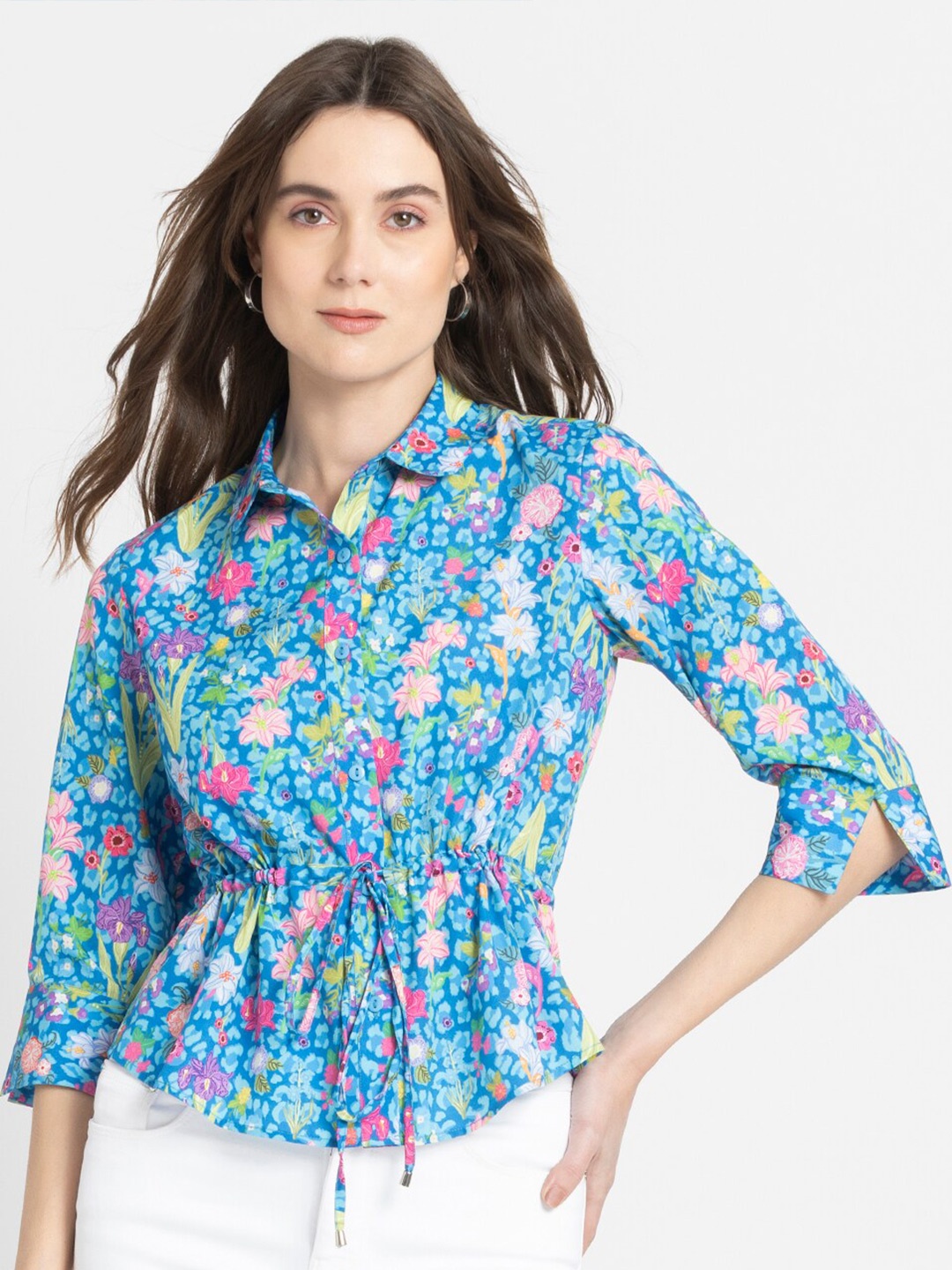 

SHAYE Floral Printed Spread Collar Three-Quarter Sleeves Casual Shirt, Blue